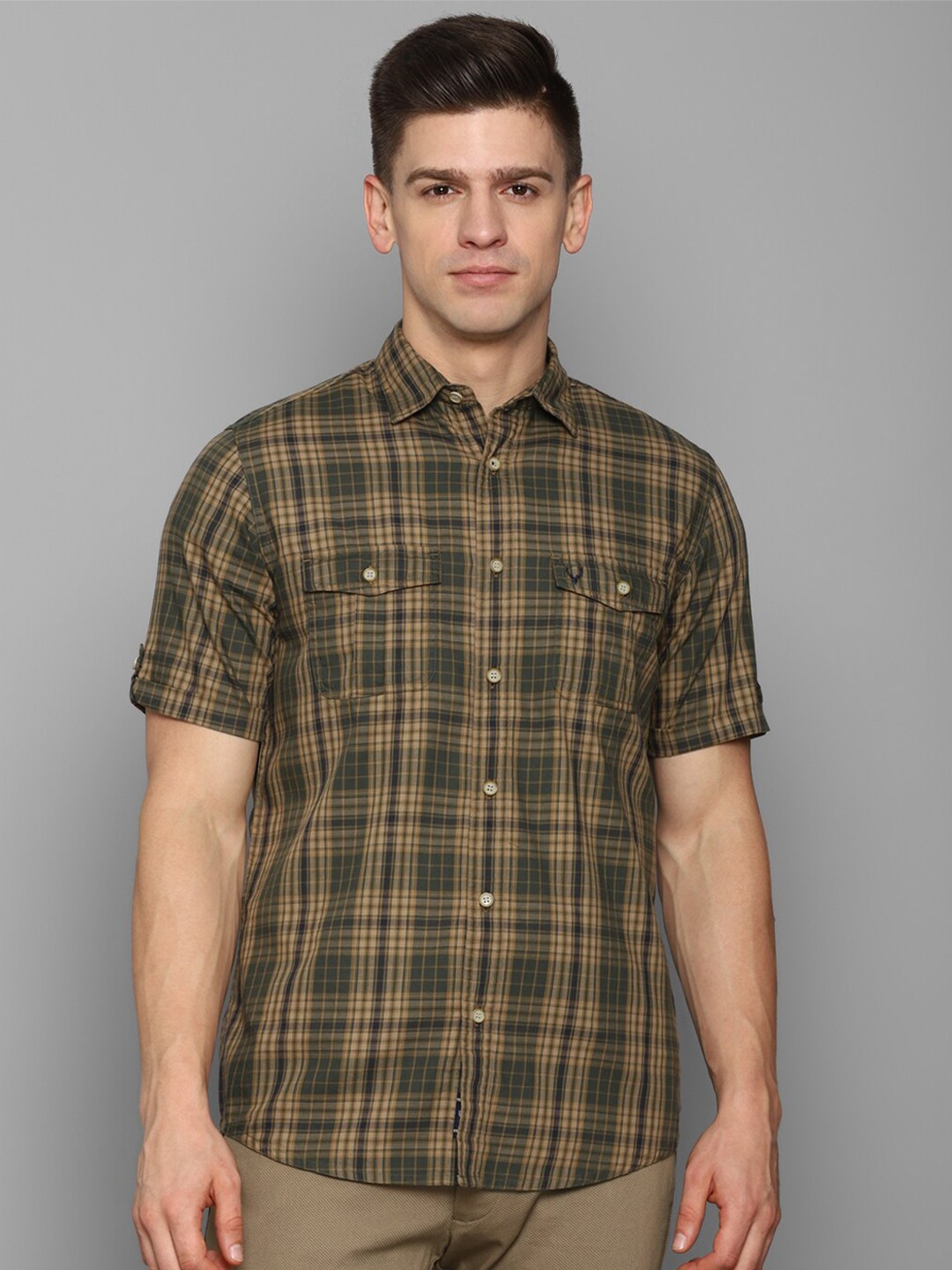 

Allen Solly Men Olive Green Checked Slim Fit Cotton Casual Shirt