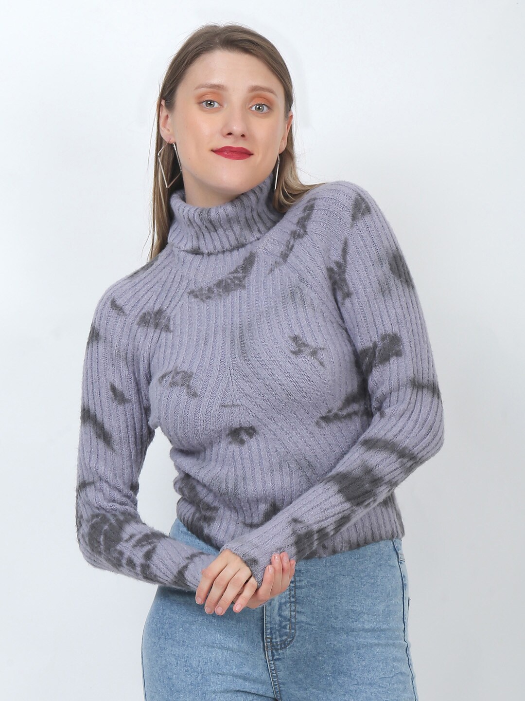 

NoBarr Women Purple & Grey Ribbed Pullover