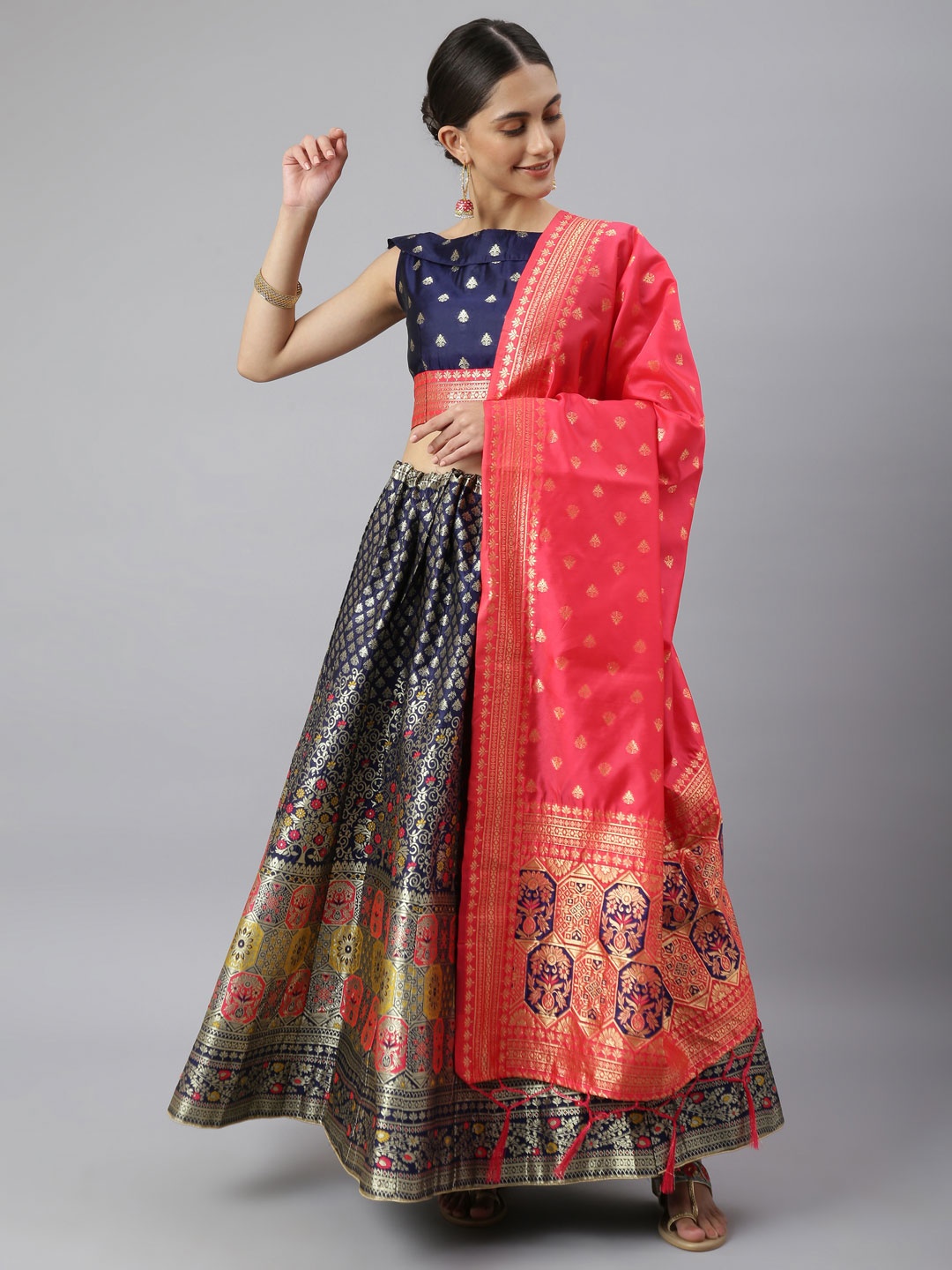 

Lilots Navy Blue & Red Semi-Stitched Lehenga & Unstitched Blouse With Dupatta