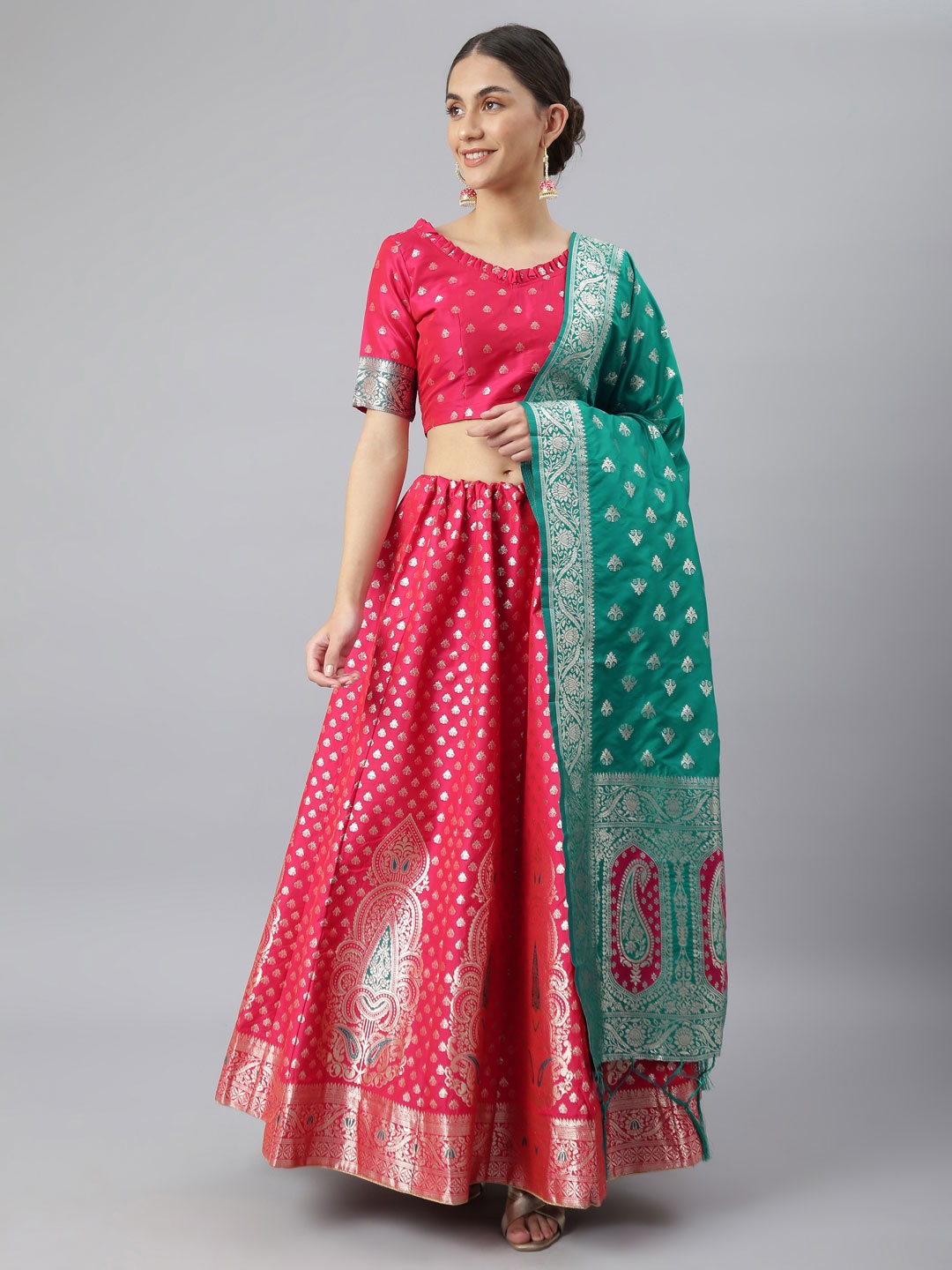 

Lilots Pink & Sea Green Semi-Stitched Lehenga & Unstitched Blouse With Dupatta