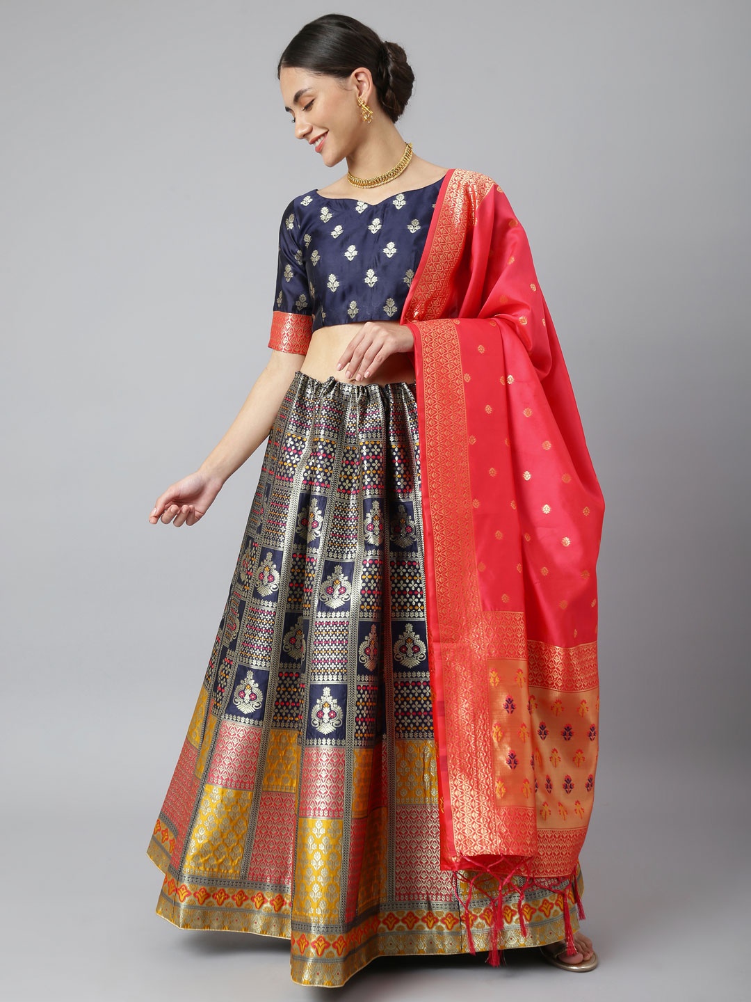 

Lilots Navy Blue & Red Semi-Stitched Lehenga & Unstitched Blouse With Dupatta