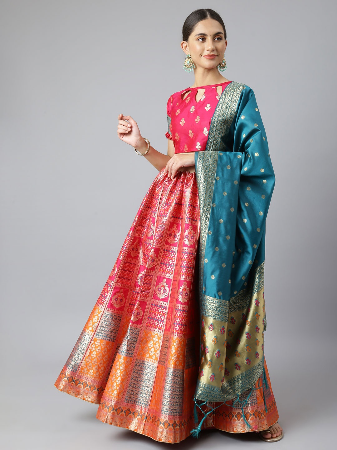 

Lilots Pink & Orange Semi-Stitched Lehenga & Unstitched Blouse With Dupatta