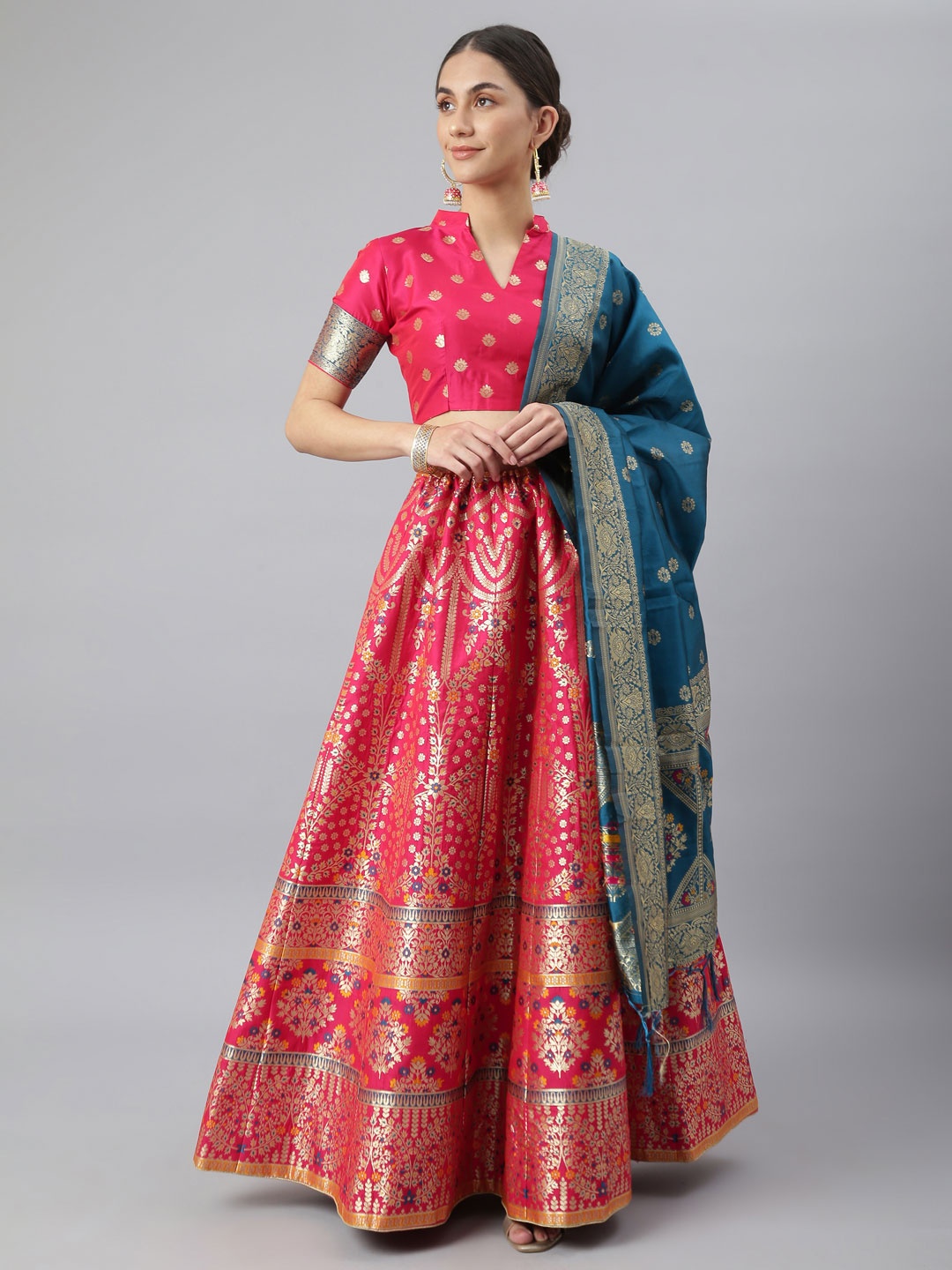 

Lilots Pink & Blue Semi-Stitched Lehenga & Unstitched Blouse With Dupatta