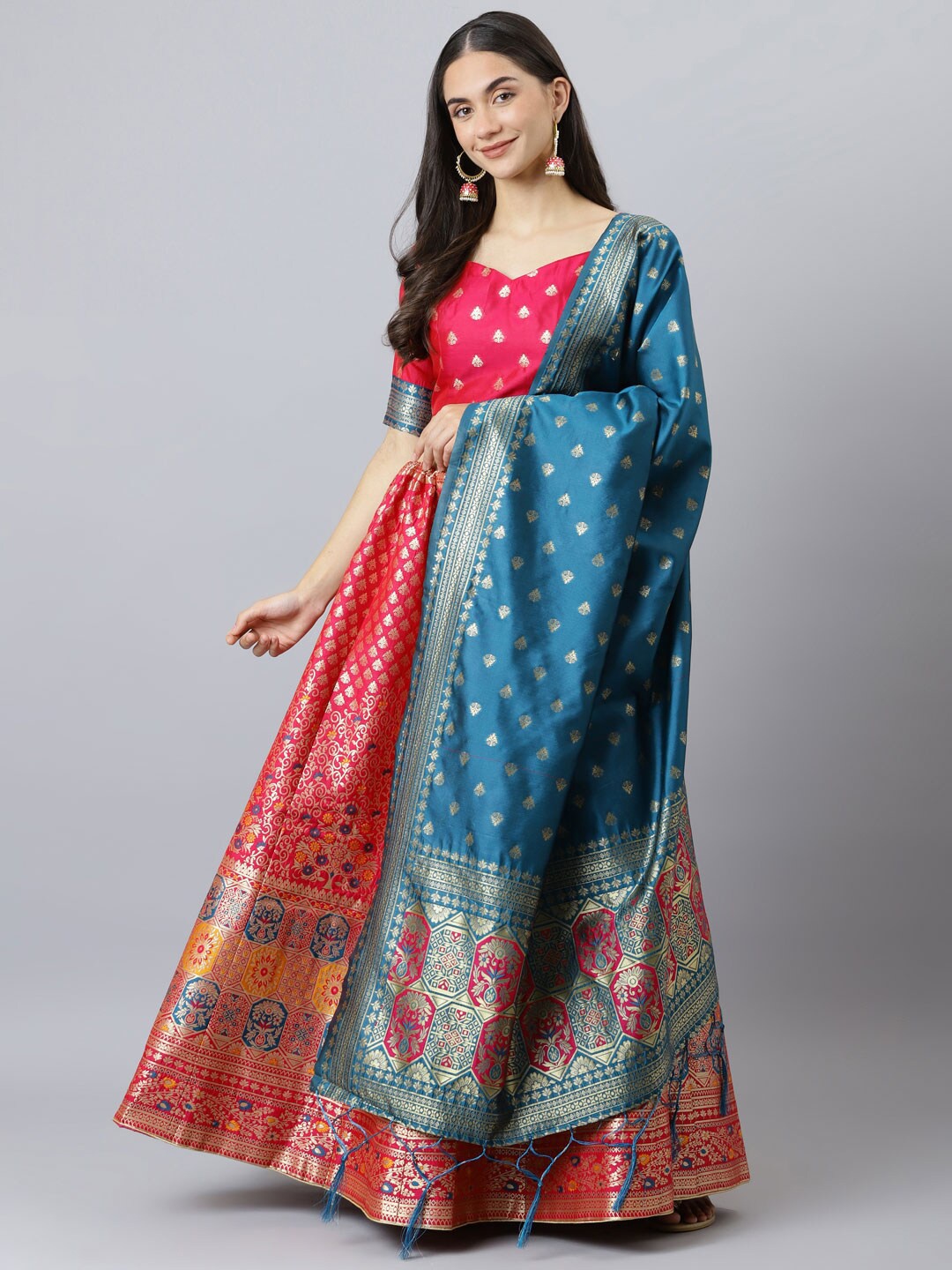 

Lilots Pink & Blue Semi-Stitched Lehenga & Unstitched Blouse With Dupatta