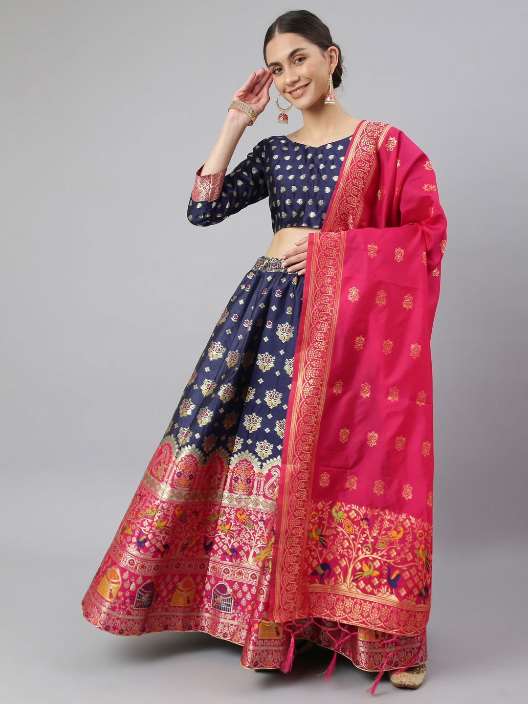 

Lilots Navy Blue & Pink Semi-Stitched Lehenga & Unstitched Blouse With Dupatta