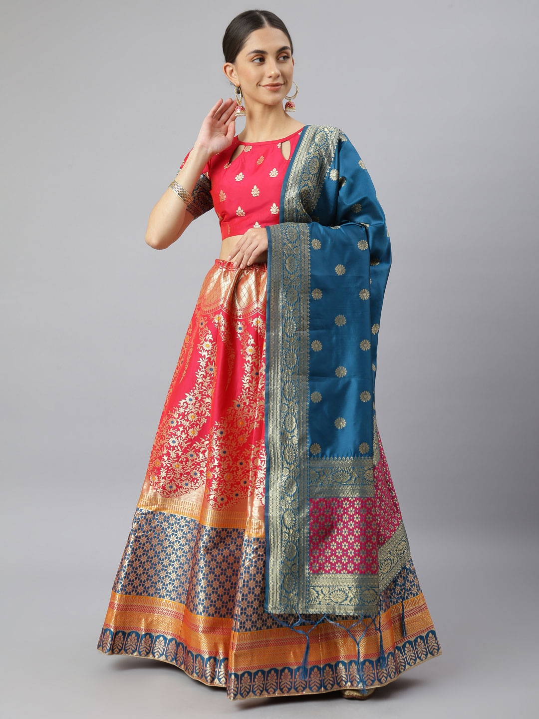 

Lilots Pink & Blue Semi-Stitched Lehenga & Unstitched Blouse With Dupatta