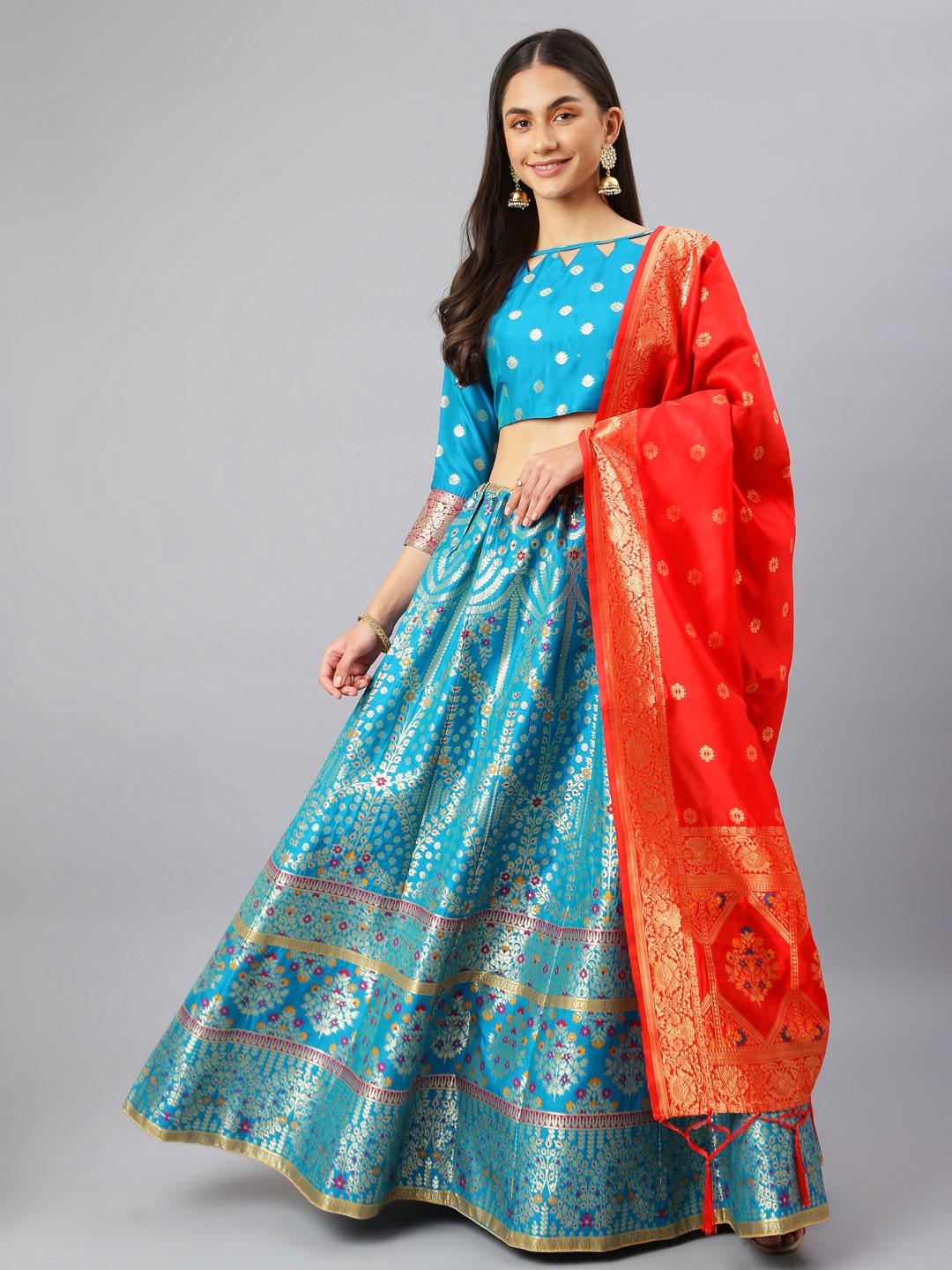 

Lilots Blue & Red Semi-Stitched Lehenga & Unstitched Blouse With Dupatta