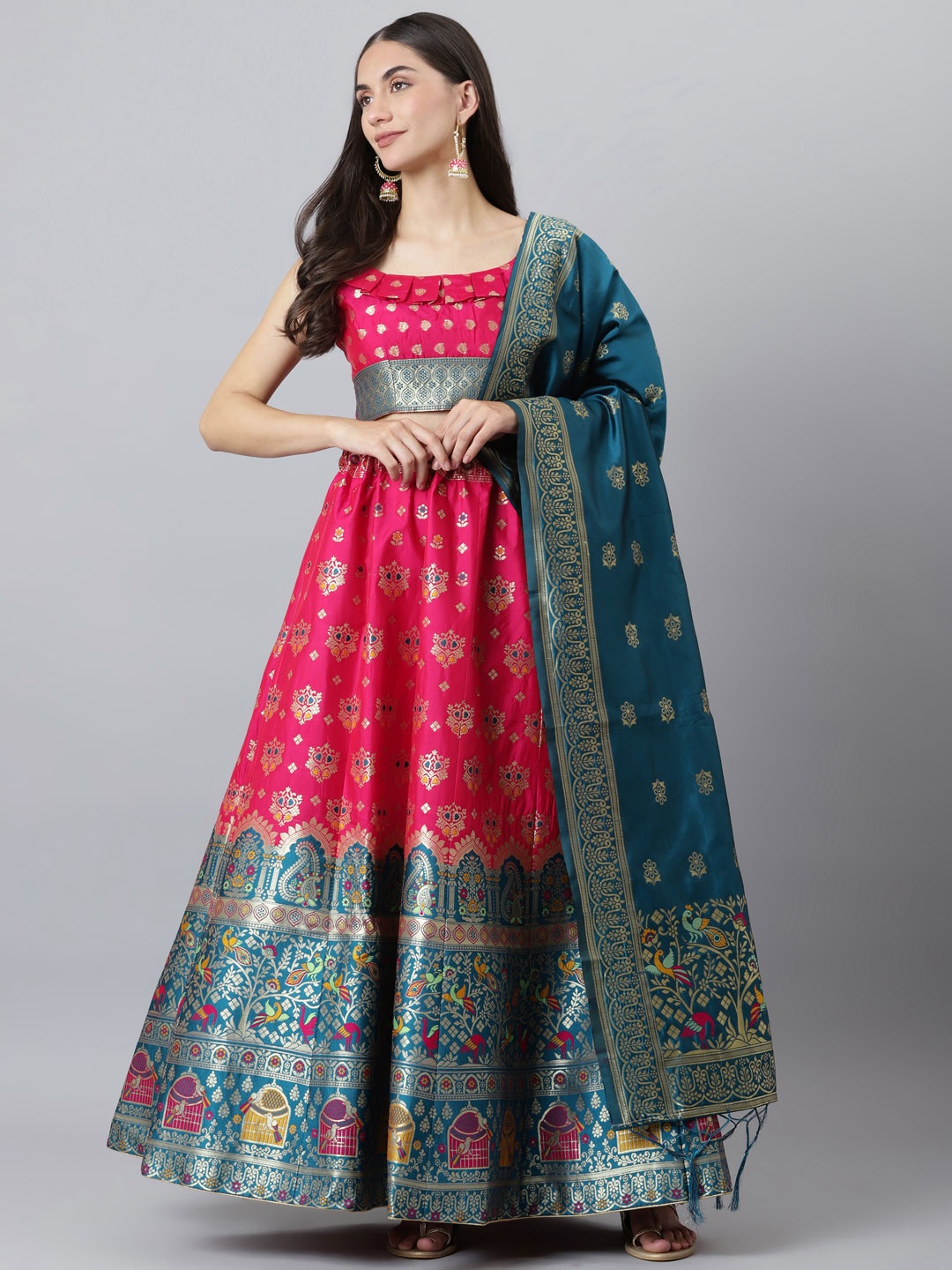 

Lilots Pink & Blue Semi-Stitched Lehenga & Unstitched Blouse With Dupatta