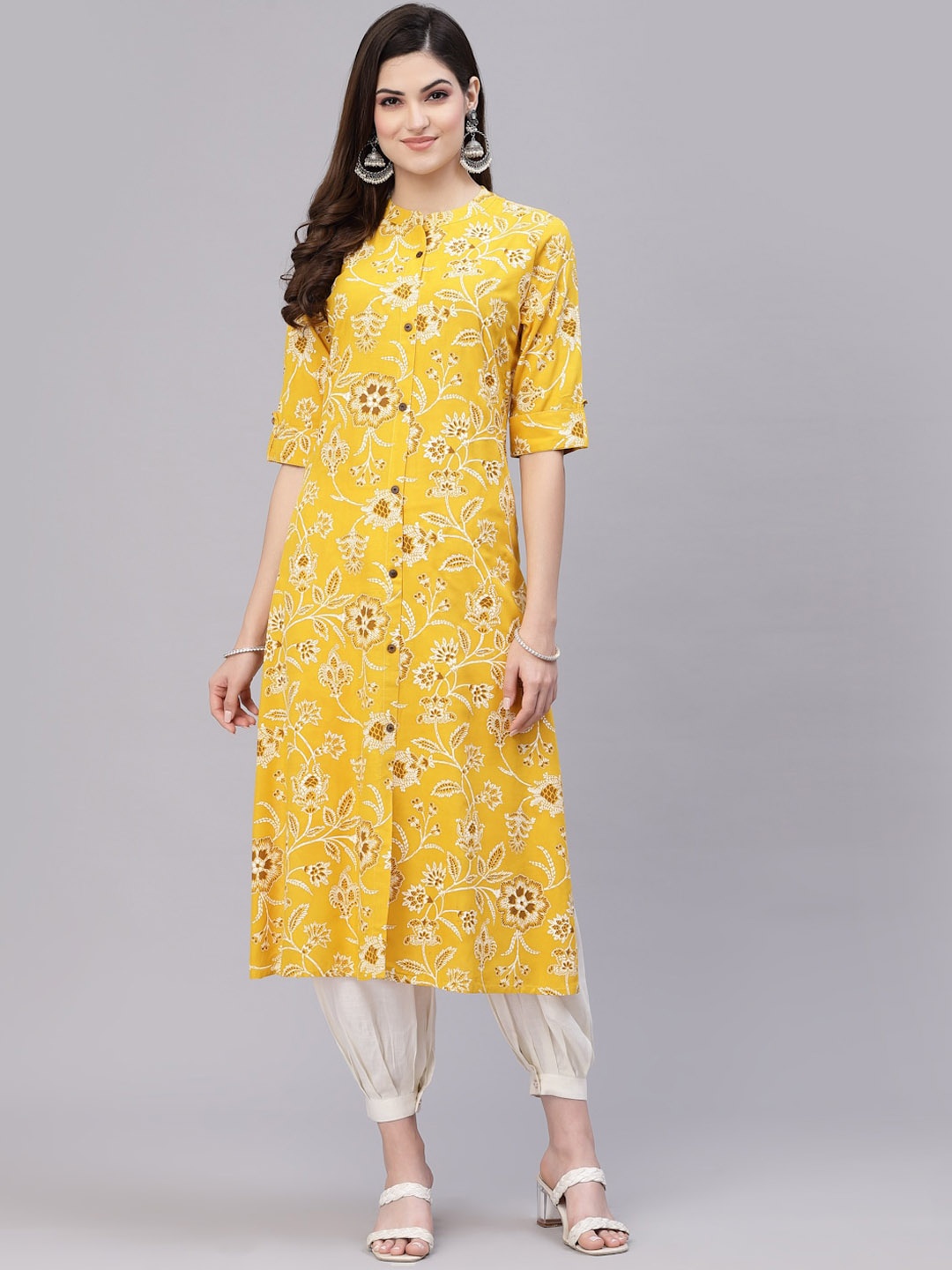 

Stylum Women Mustard Yellow Floral Printed Floral Kurta