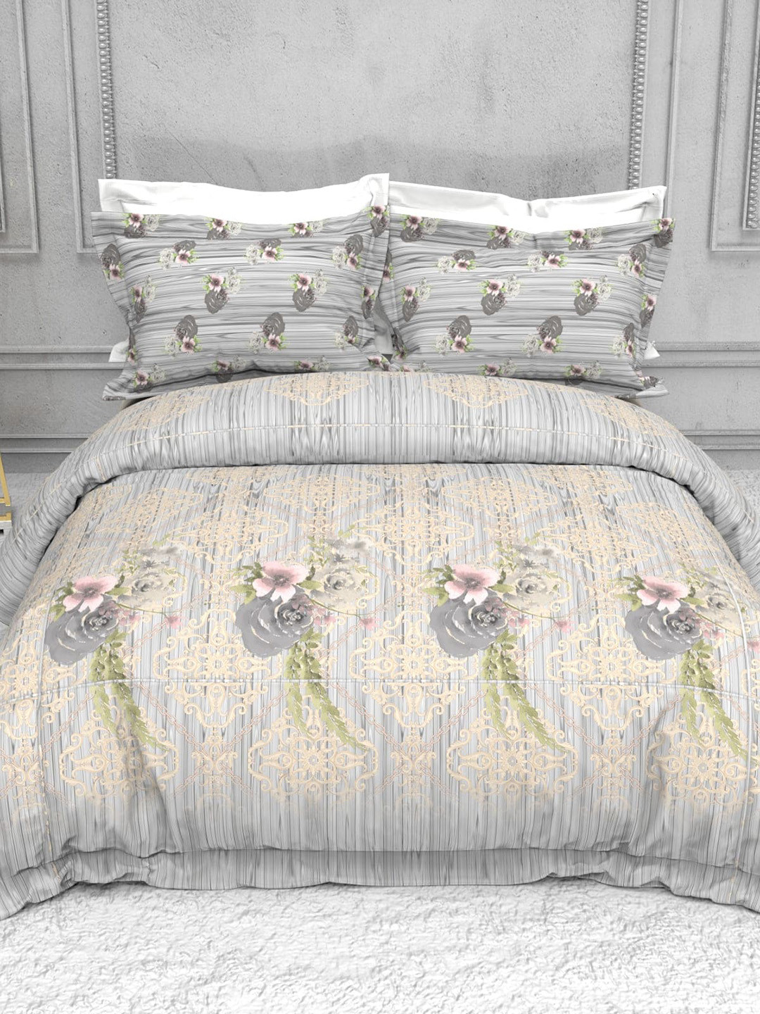 

THE WHITE MOSS Floral 220 TC Cotton King Bedsheet with 2 Pillow Covers, Grey