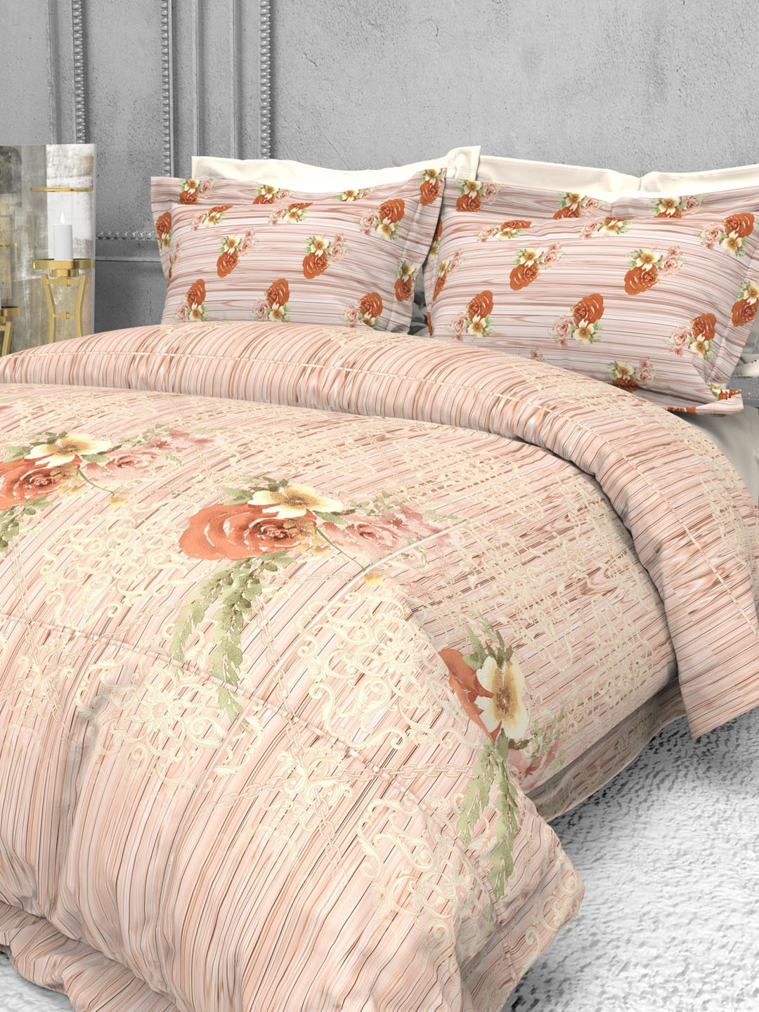 

THE WHITE MOSS Orange & Green Floral 220 TC King Bedsheet with 2 Pillow Covers