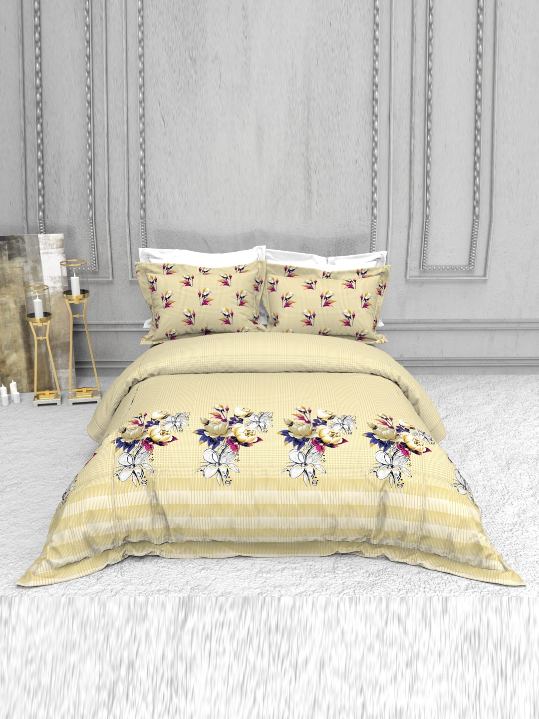 

THE WHITE MOSS Floral 220 TC Cotton King Bedsheet with 2 Pillow Covers, Yellow