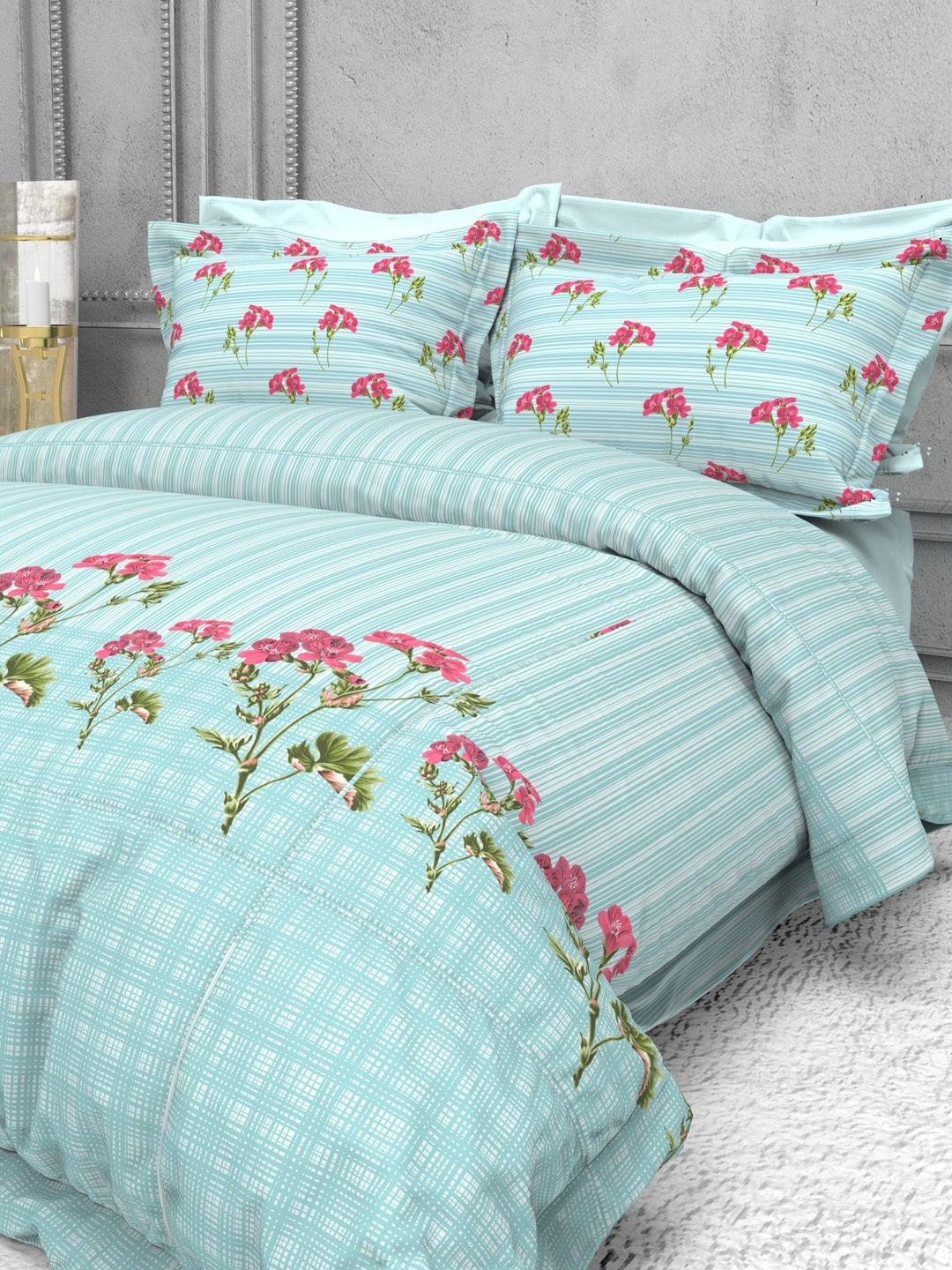

THE WHITE MOSS Floral 220 TC Cotton King Bedsheet with 2 Pillow Covers, Blue