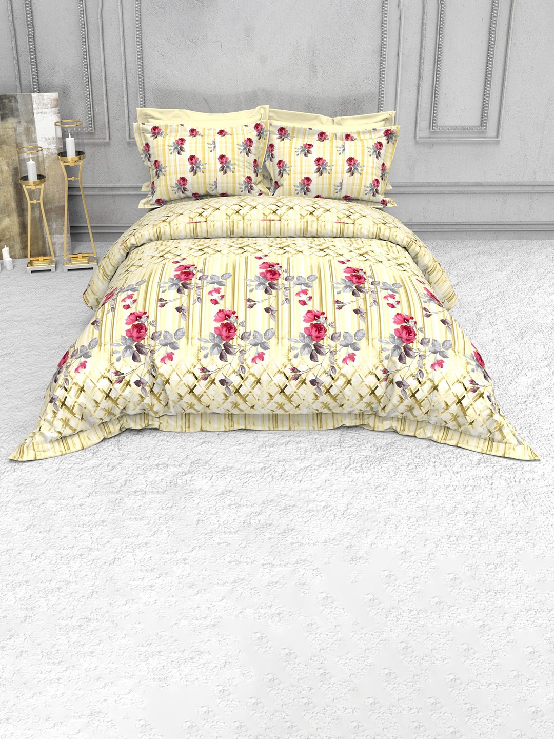 

THE WHITE MOSS Floral 220 TC Cotton King Bedsheet with 2 Pillow Covers, Yellow