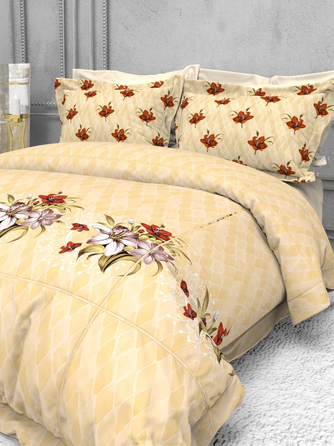 

THE WHITE MOSS Floral 220 TC Cotton King Bedsheet with 2 Pillow Covers, Yellow