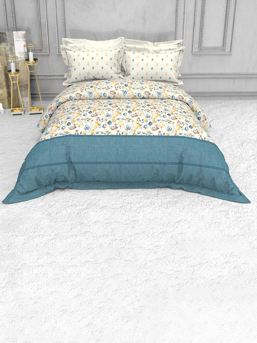 

THE WHITE MOSS Floral 220 TC Cotton King Bedsheet with 2 Pillow Covers, Blue