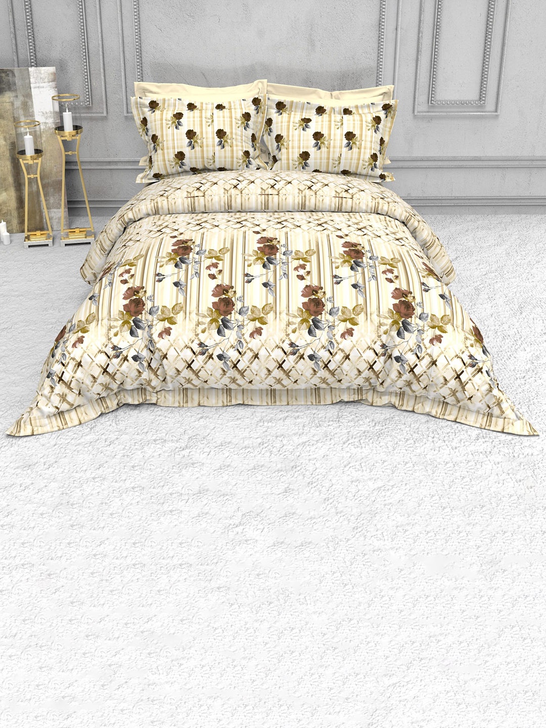 

THE WHITE MOSS Yellow & Brown Floral 100% Cotton 220 TC King Bedsheet with 2 Pillow Covers