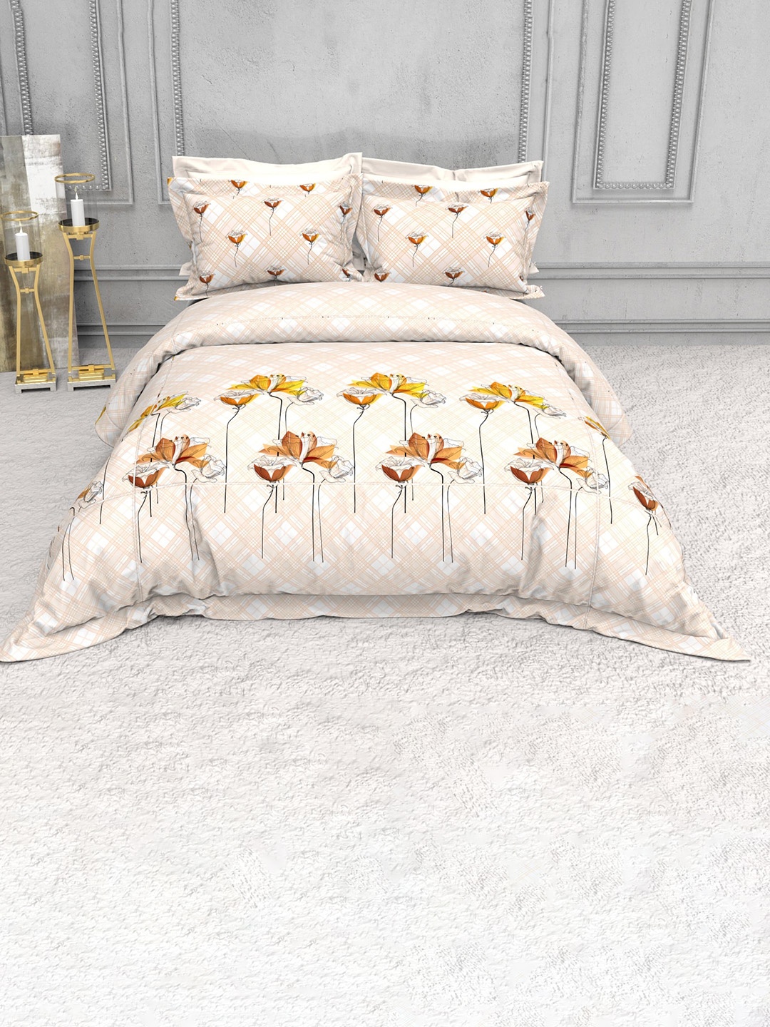 

THE WHITE MOSS Floral 220 TC King Bedsheet with 2 Pillow Covers, Beige