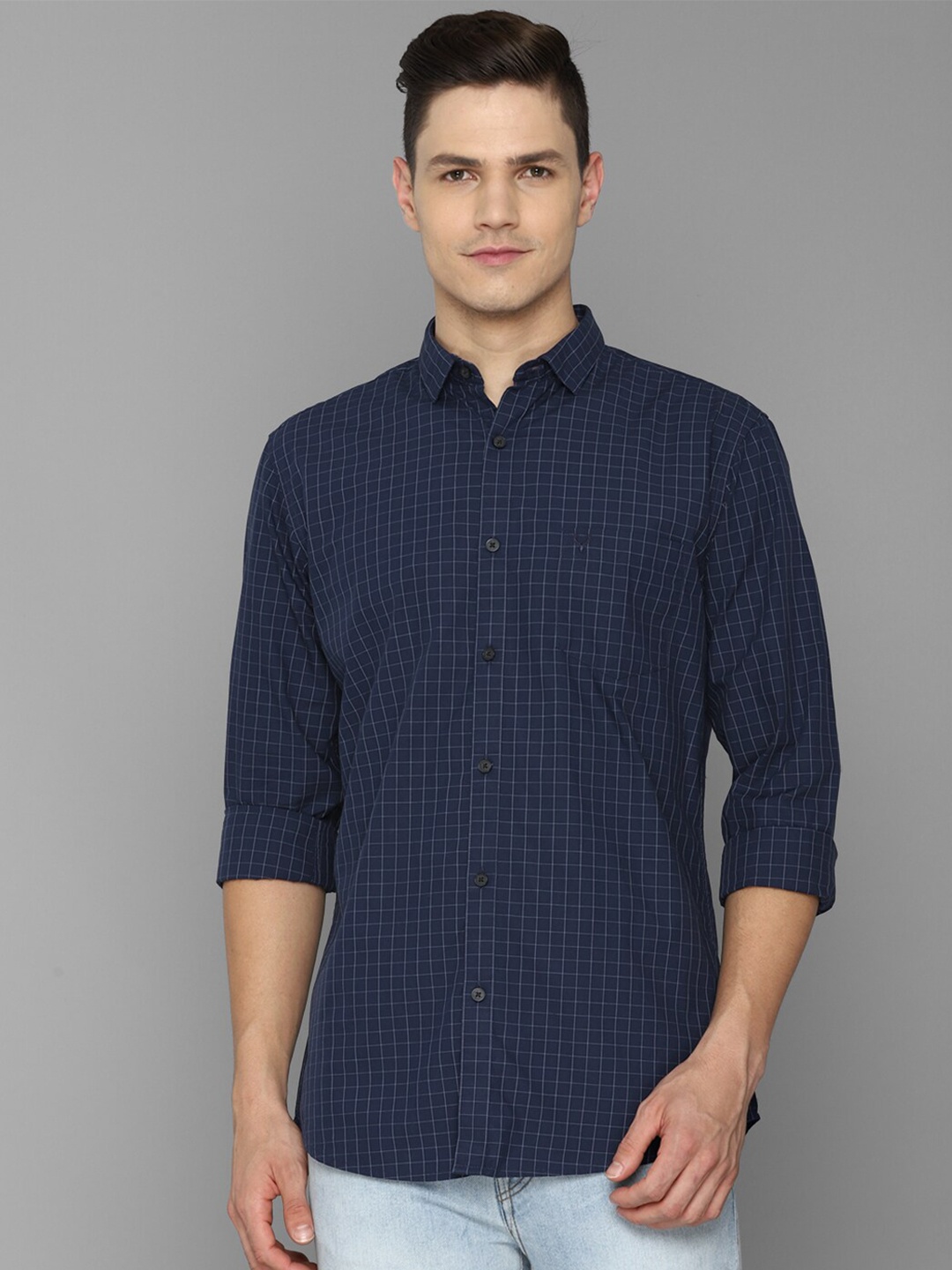 

Allen Solly Men Navy Blue Slim Fit Grid Tattersall Checks Checked Casual Shirt