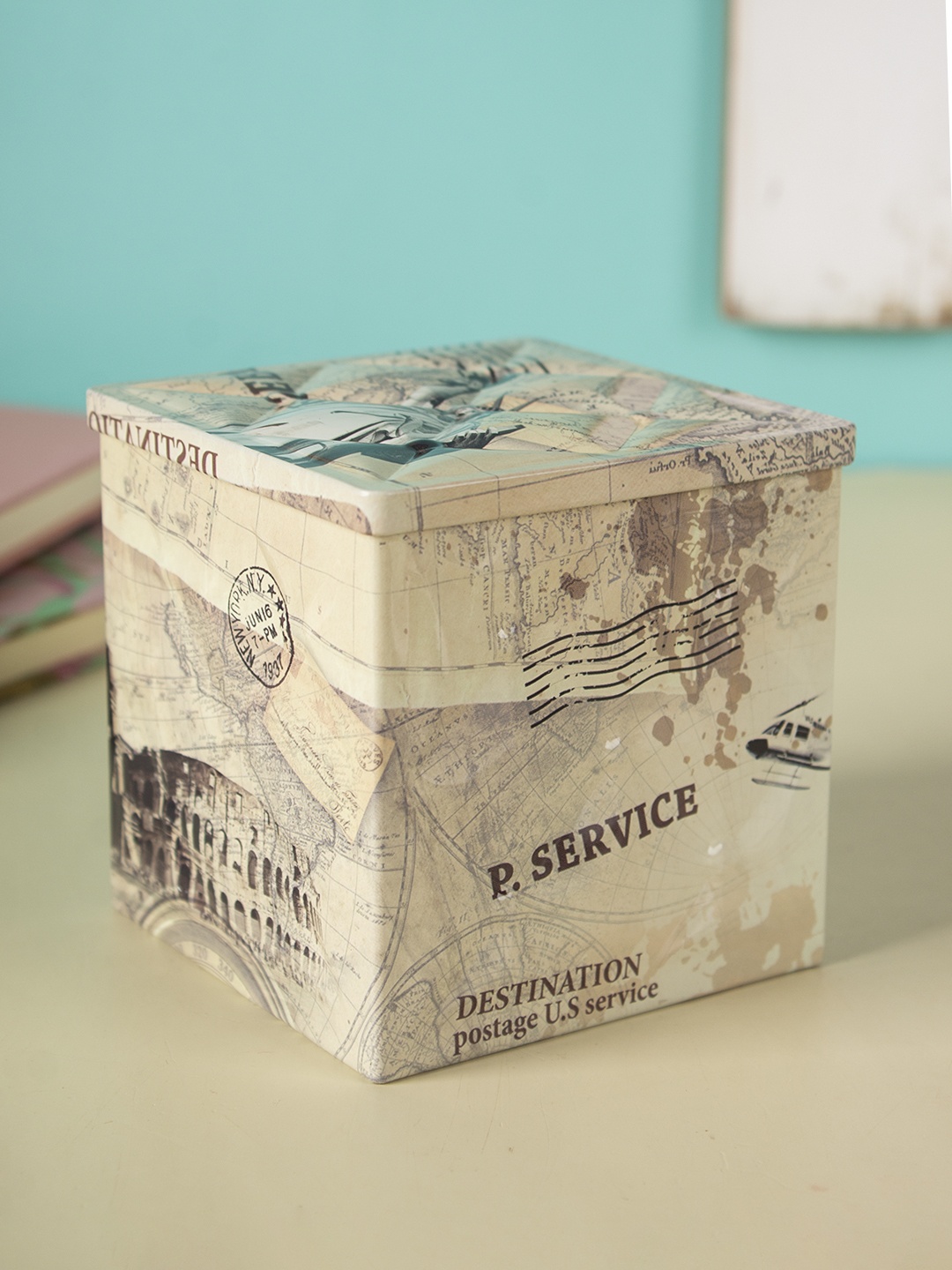 

MARKET99 White Printed Metal Kitchen Storage Box With a Lid