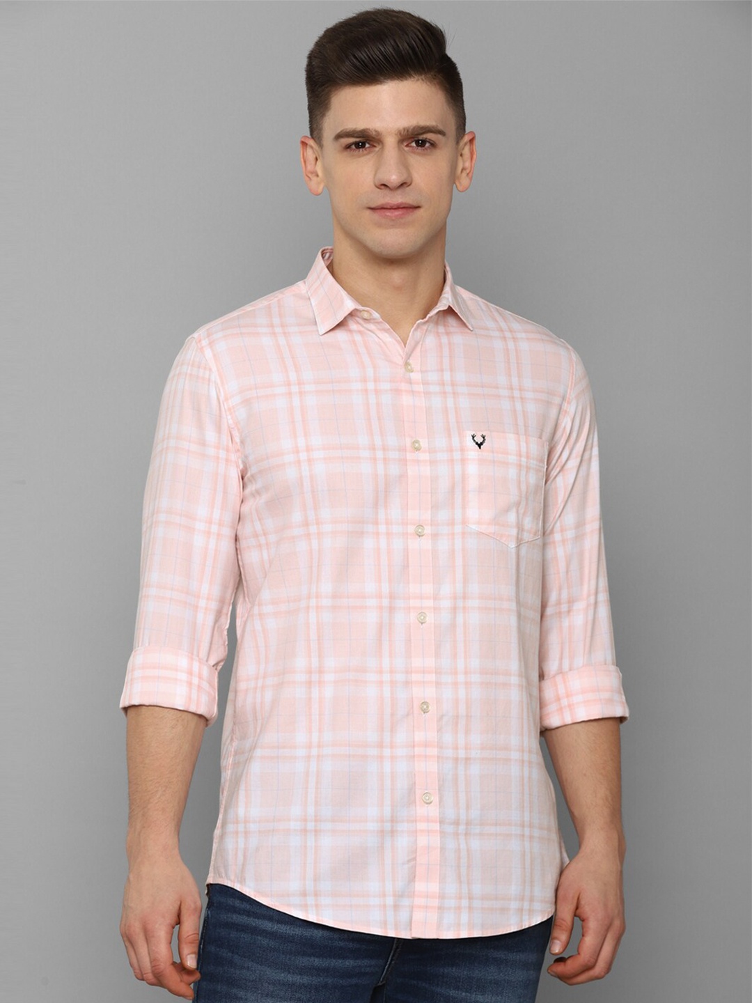 

Allen Solly Men Peach Slim Fit Checked Pure Cotton Casual Shirt