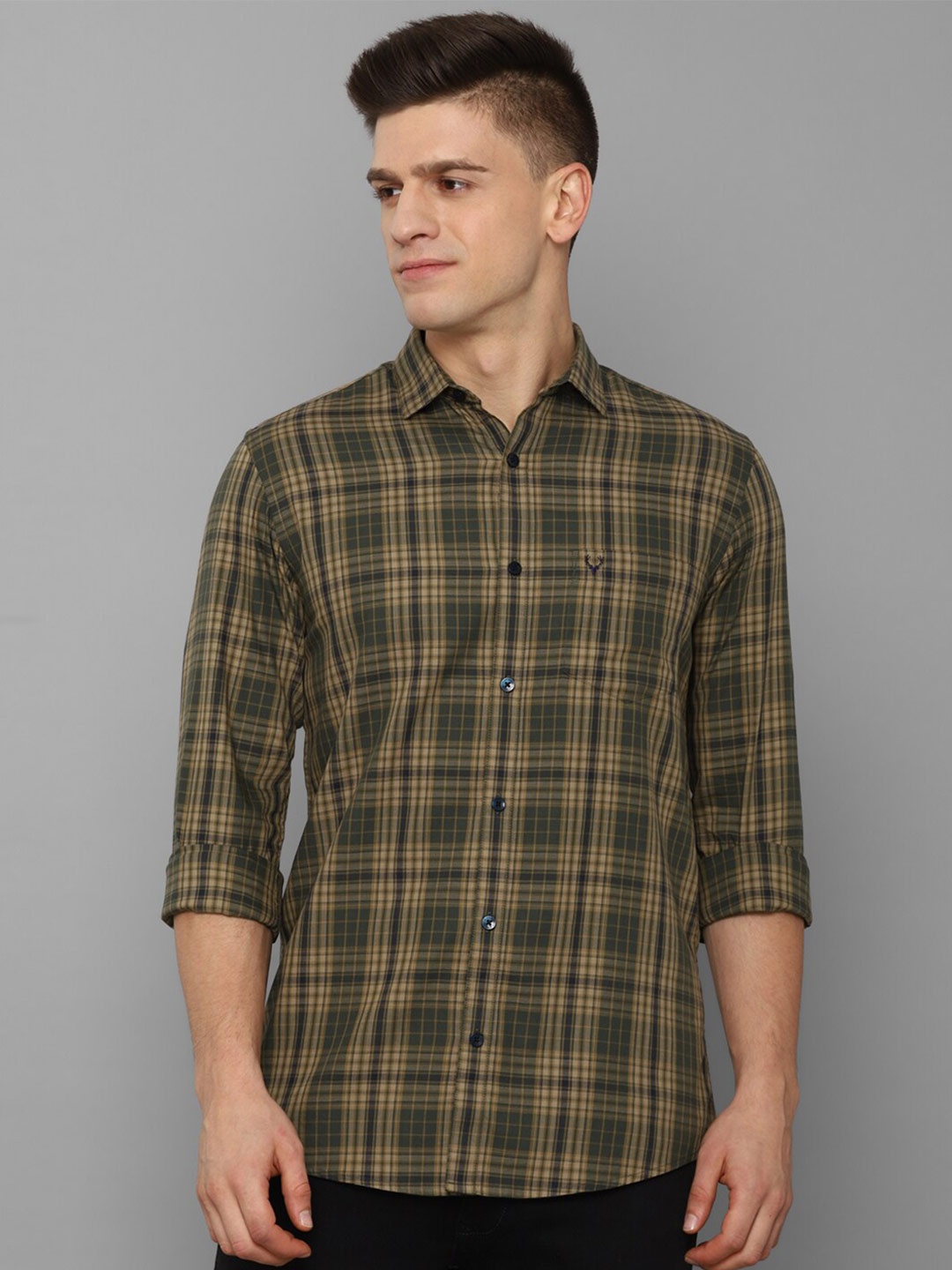 

Allen Solly Men Olive Green Pure Cotton Slim Fit Tartan Checks Checked Casual Shirt