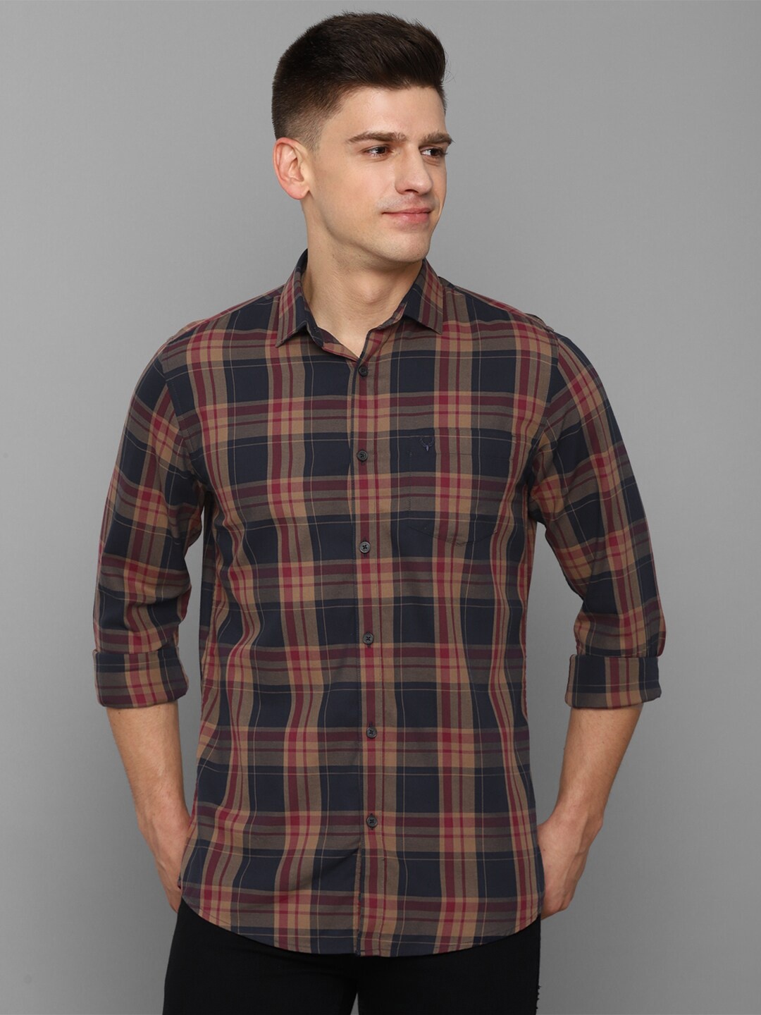 

Allen Solly Men Navy Blue Slim Fit Tartan Checks Checked Casual Cotton Shirt