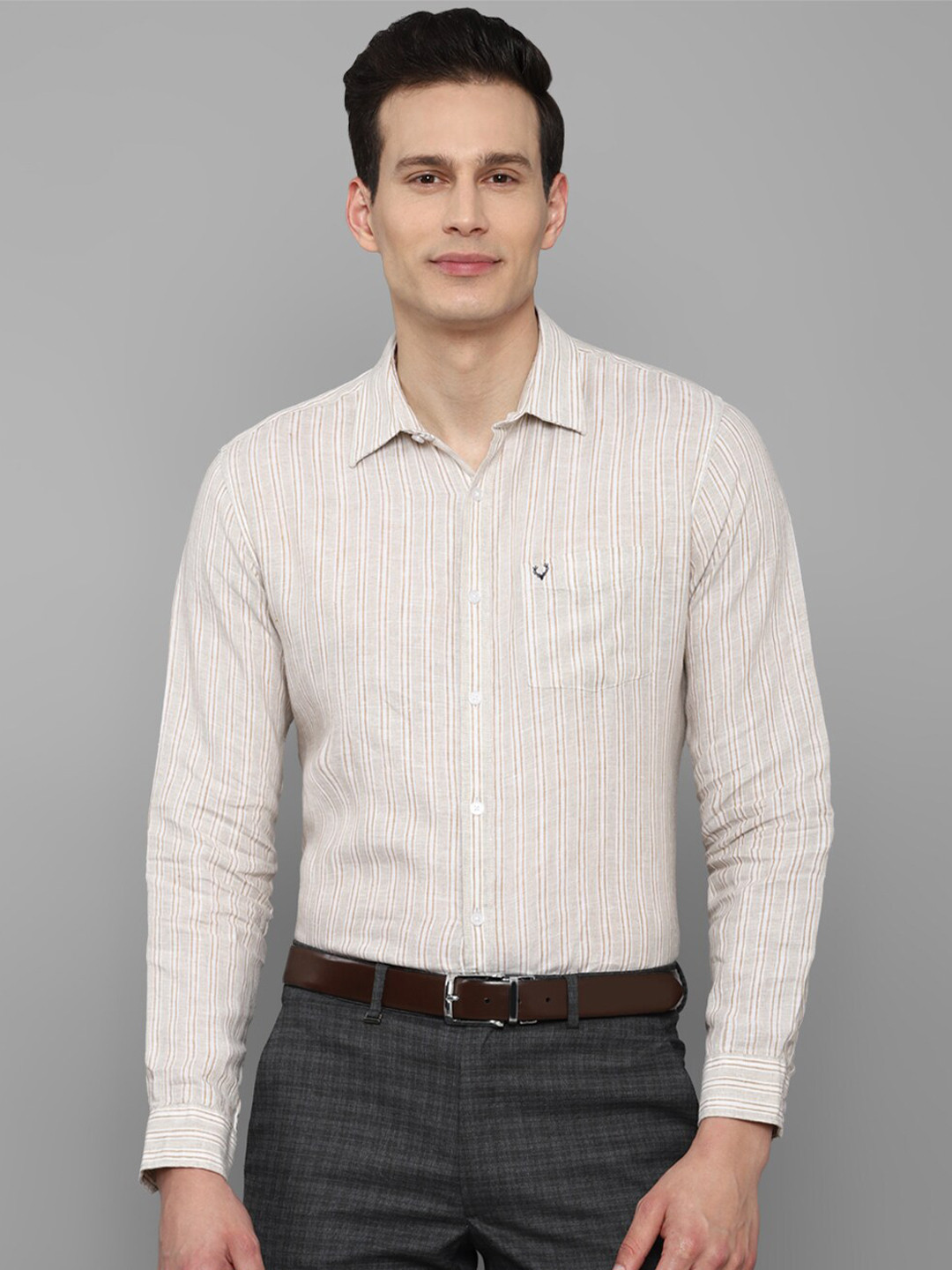 

Allen Solly Men Beige Slim Fit Striped Formal Shirt