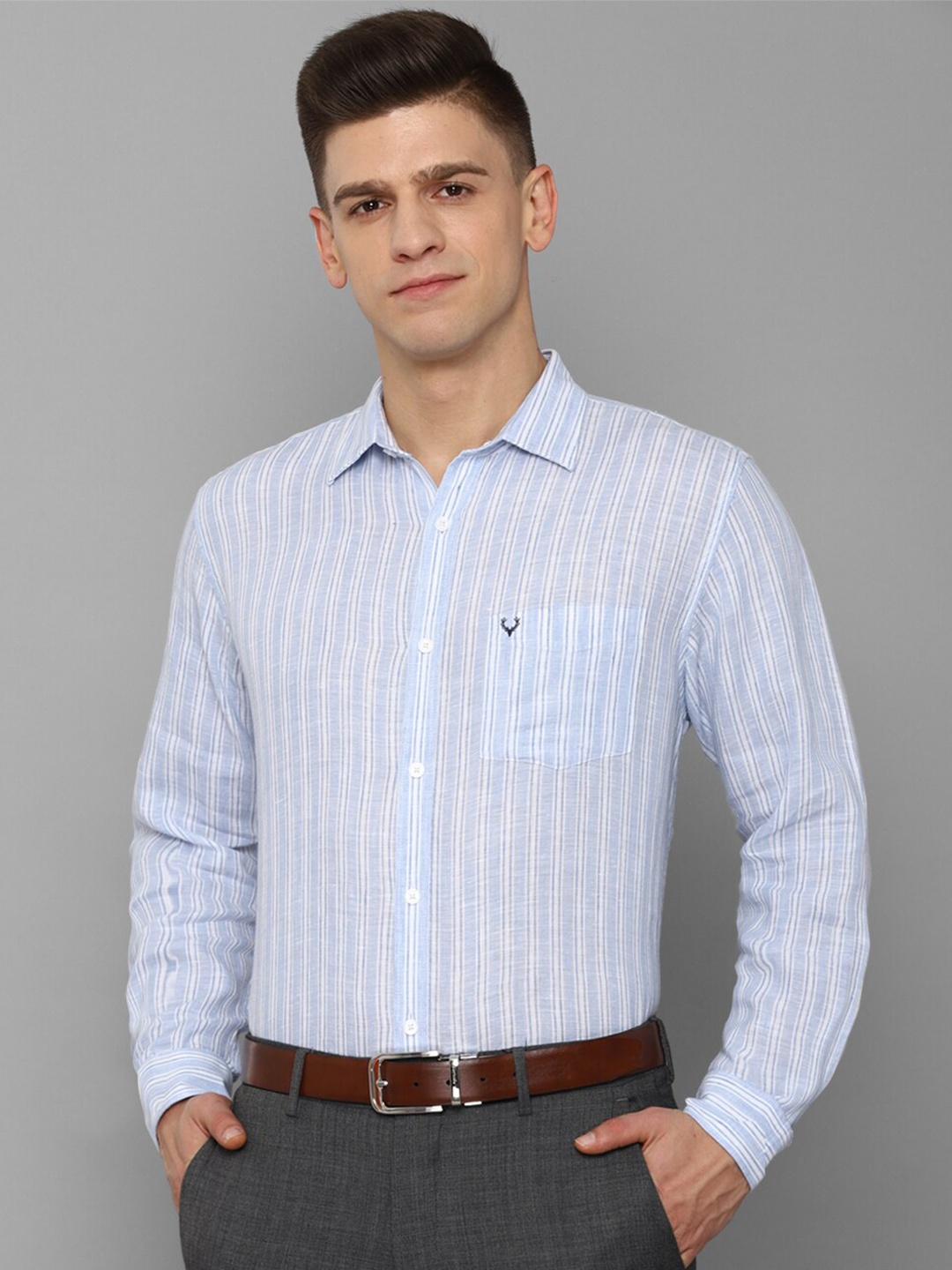 

Allen Solly Men Blue Slim Fit Striped Linen Formal Shirt