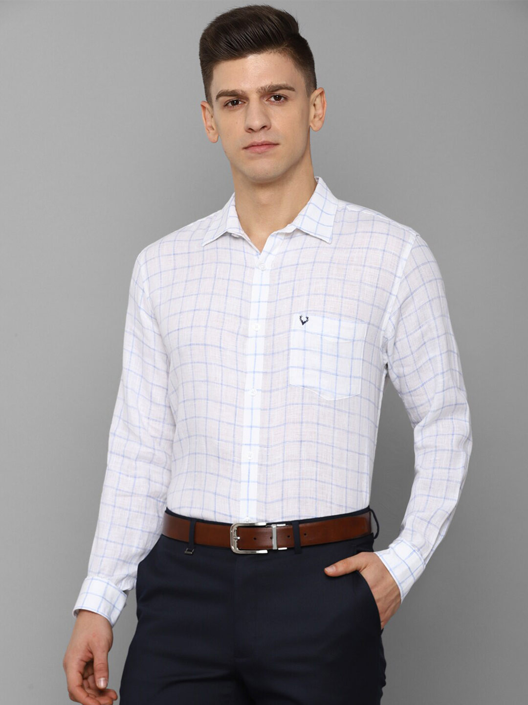 

Allen Solly Men White Slim Fit Grid Tattersall Checks Checked Linen Formal Shirt