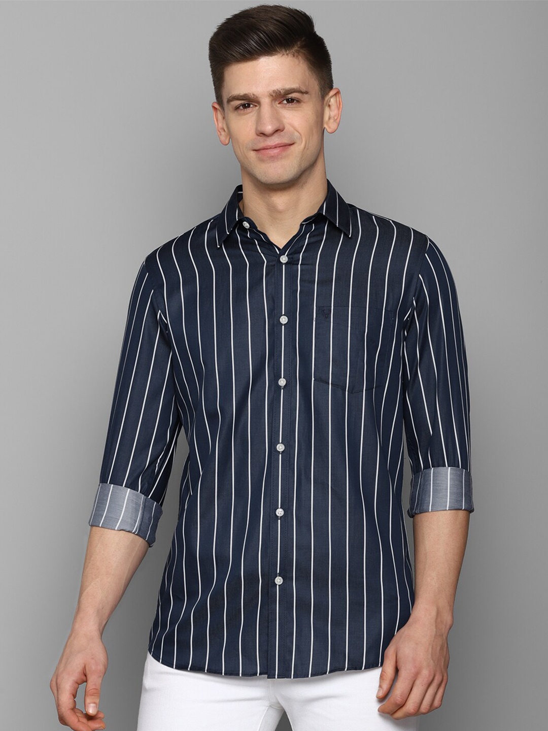 

Allen Solly Men Navy Blue Slim Fit Striped Casual Cotton Shirt