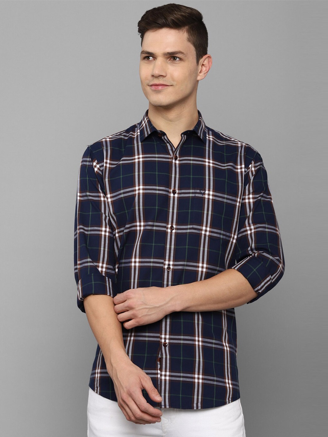 

Allen Solly Men Navy Blue Slim Fit Tartan Checks Checked Casual Cotton Shirt