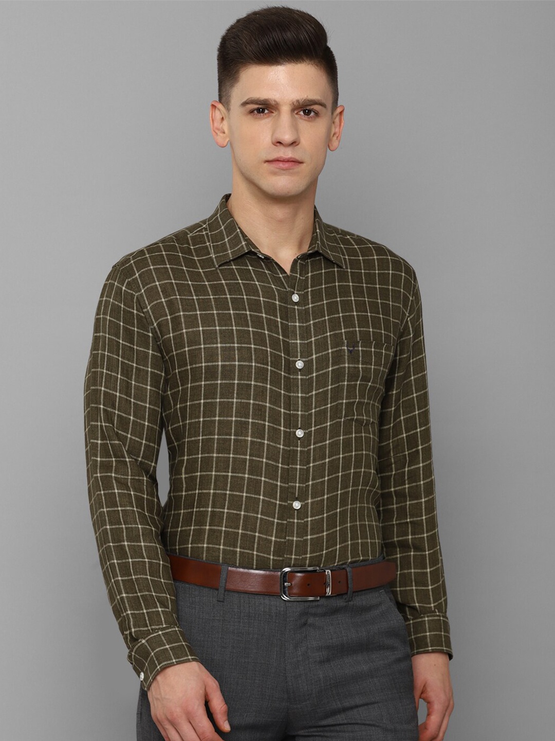 

Allen Solly Men Olive Green Pure Linen Slim Fit Windowpane Checks Checked Formal Shirt
