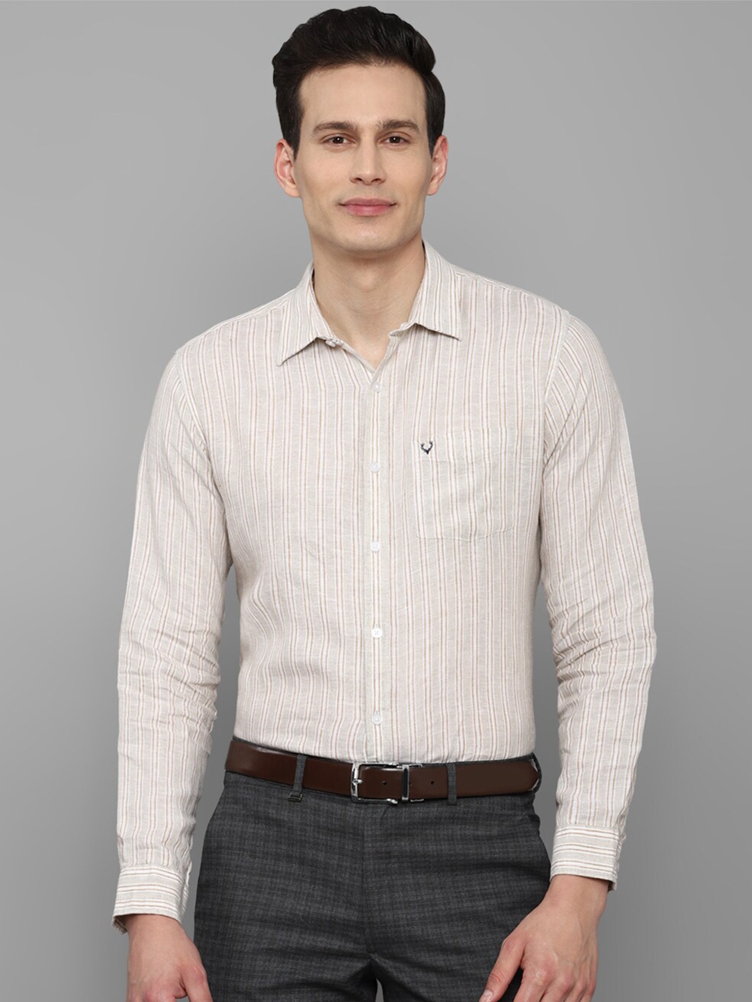

Allen Solly Men Beige Slim Fit Striped Formal Linen Shirt