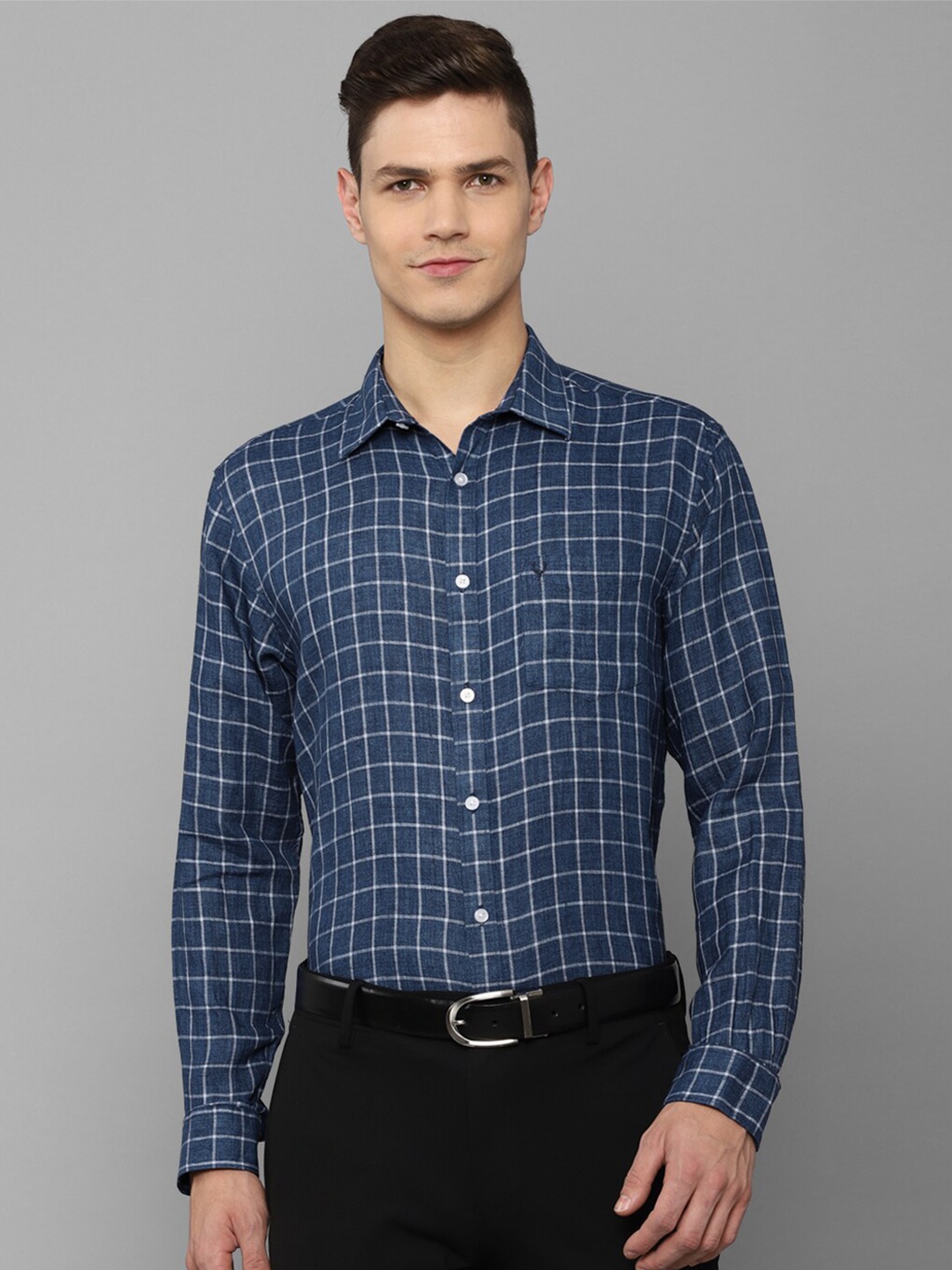 

Allen Solly Men Navy Blue Slim Fit Grid Tattersall Checks Checked Formal Shirt