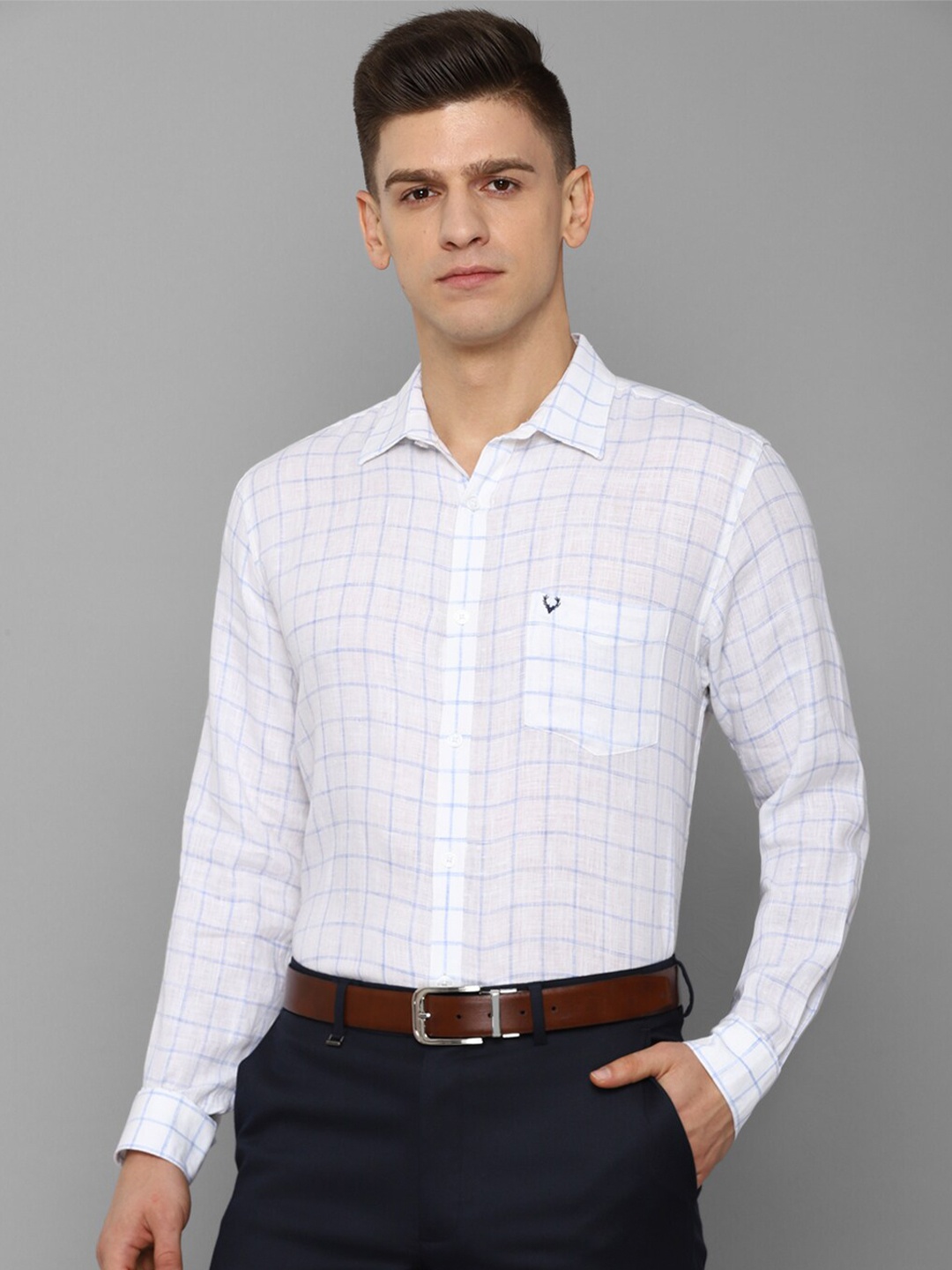

Allen Solly Men White Slim Fit Grid Tattersall Checked Linen Formal Shirt