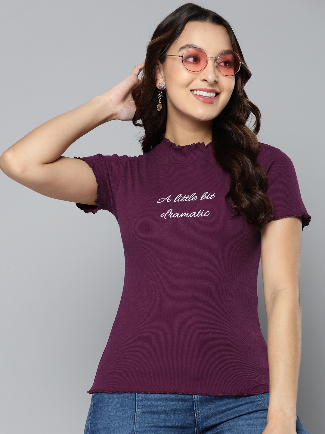 

HERE&NOW Embroidered Lettuce Edges Fitted Top, Burgundy