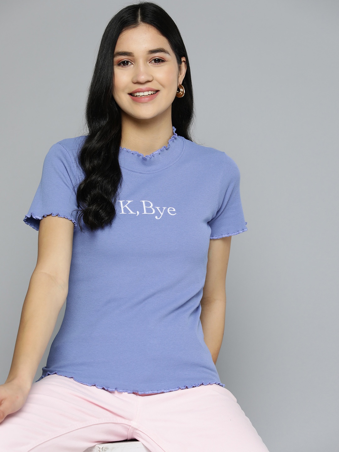 

HERE&NOW Applique Detailed Lettuce Edge Top, Purple
