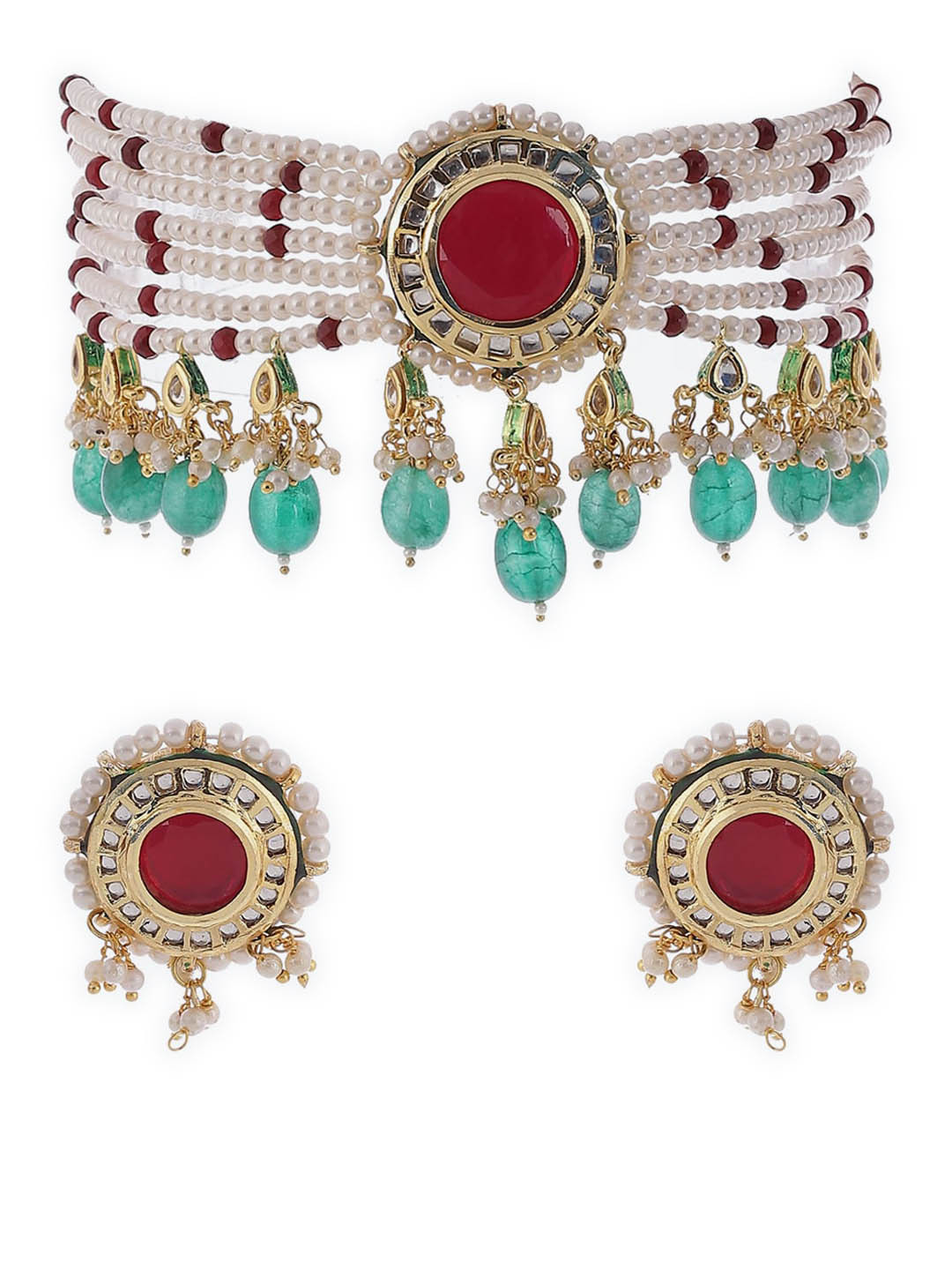 

Biba Gold-Plated Gold Toned Red Stone Studded & Beaded Choker Jewellery Set