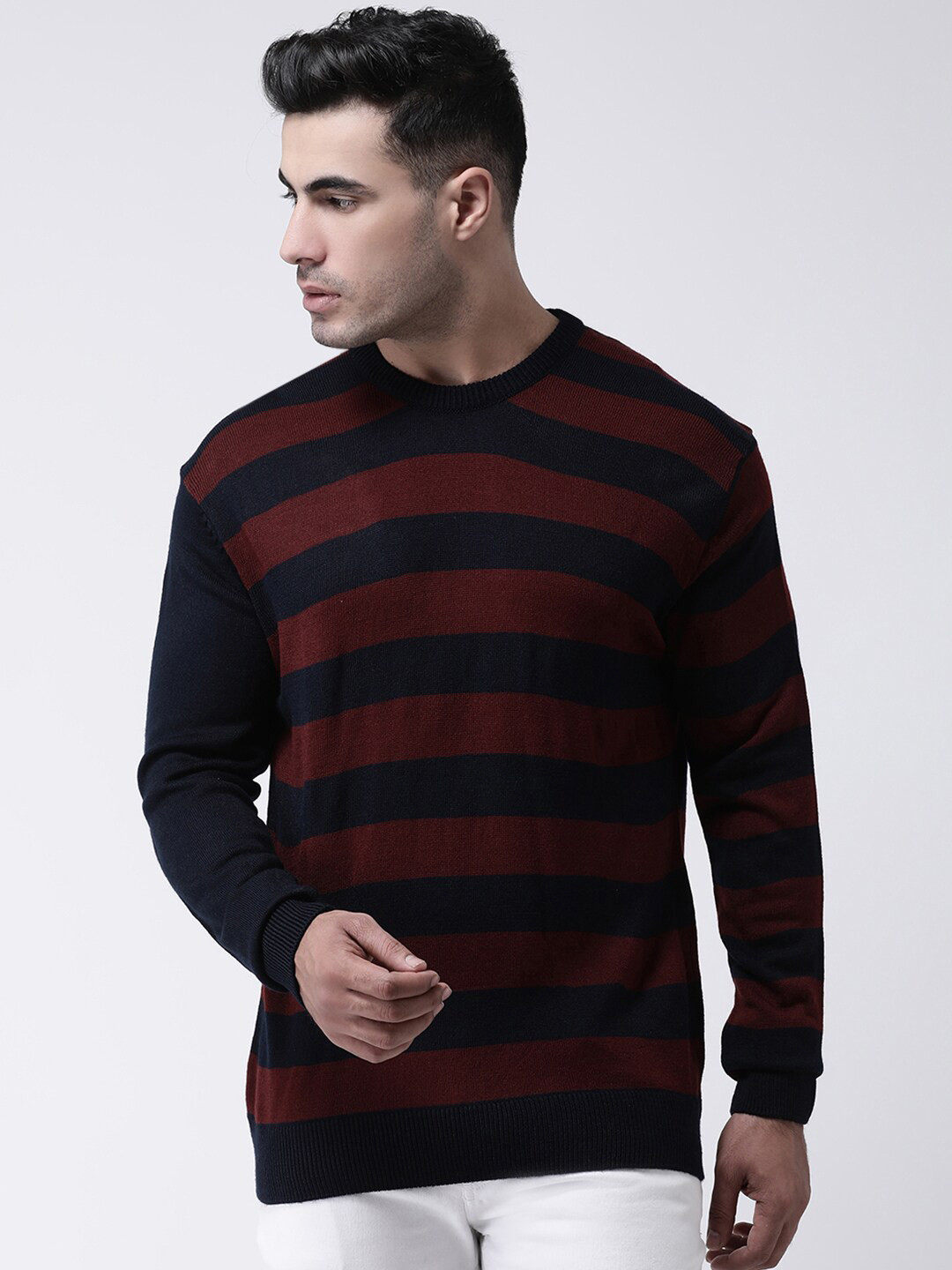 

Club York Men Maroon & Navy Blue Striped Pullover