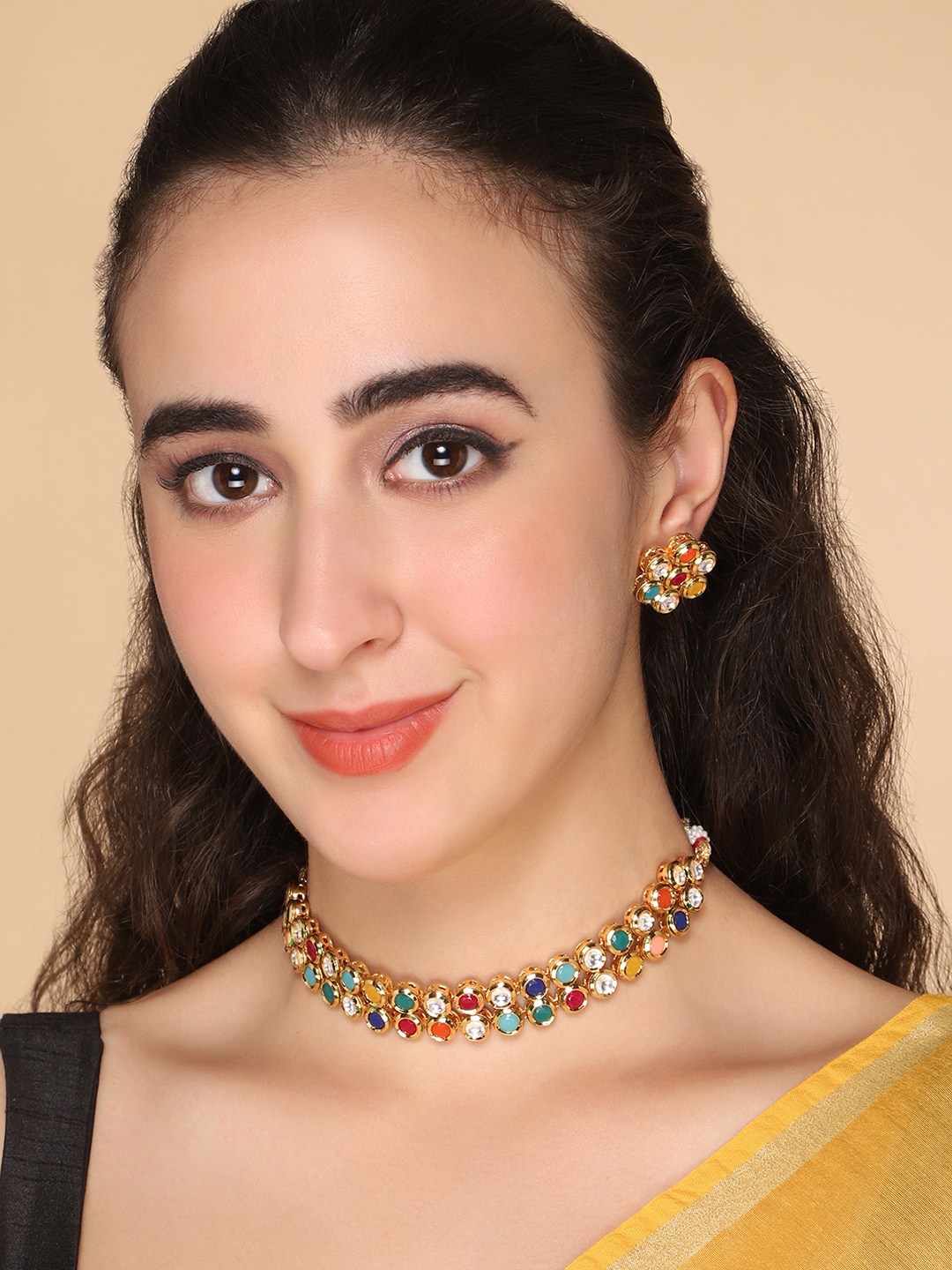 

AQUASTREET JEWELS Gold-Plated Red & Blue Kundan Studded Jewellery Set