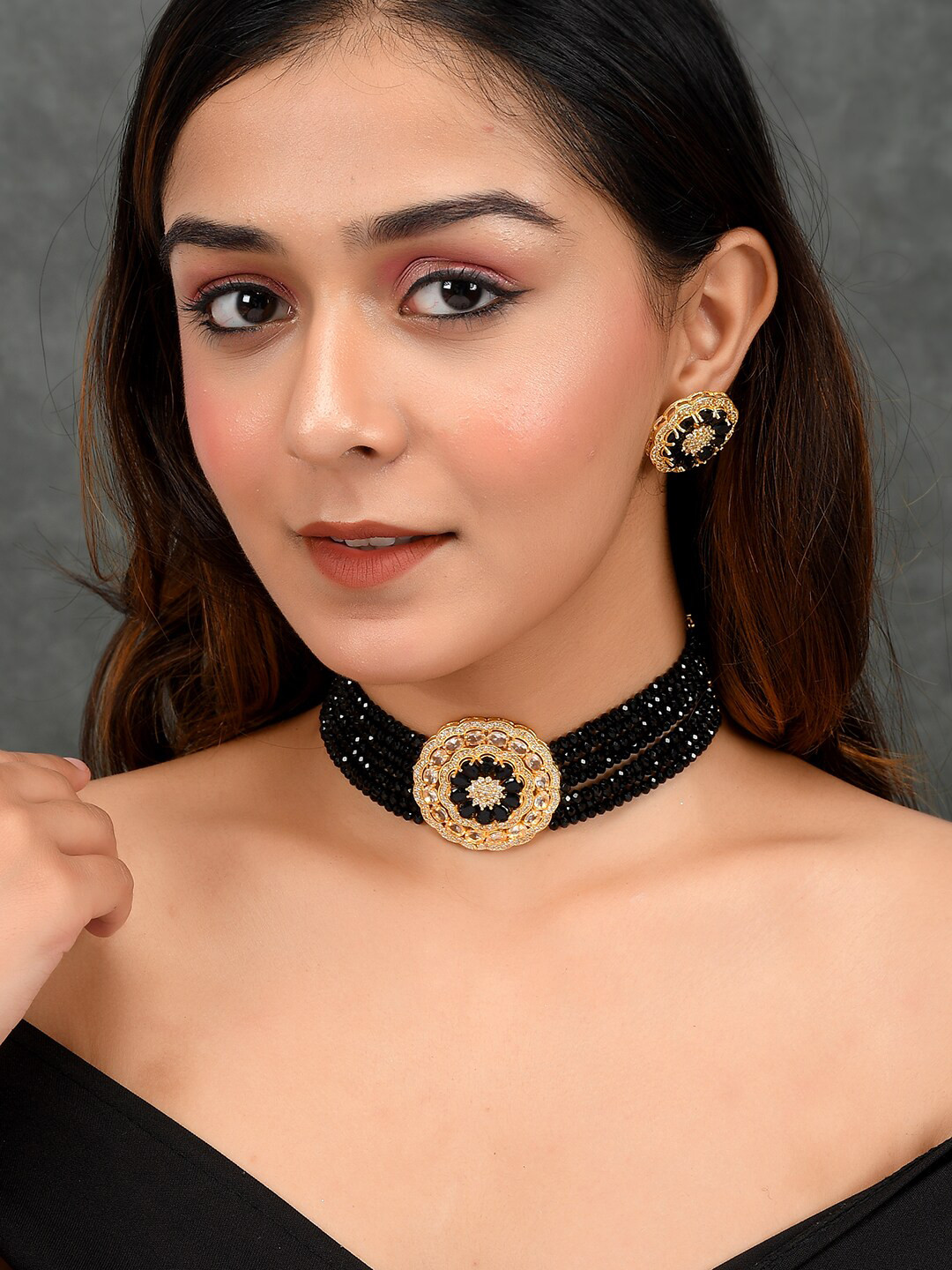 

AQUASTREET JEWELS Gold-Plated Black AD-Studded & Beaded Choker Necklace Set