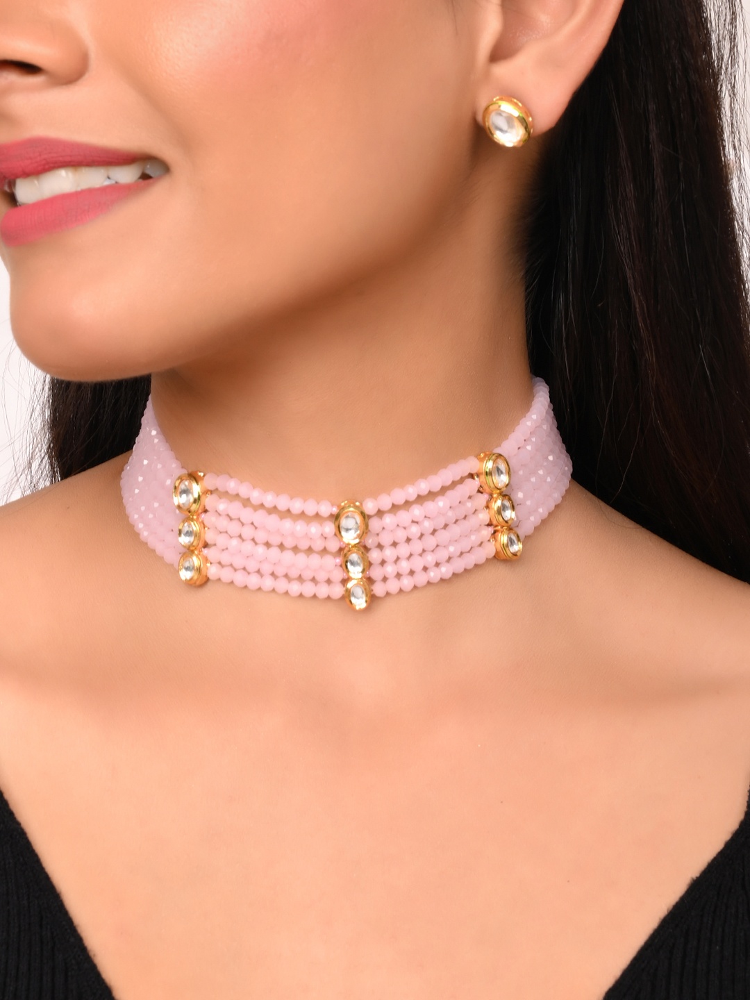 

AQUASTREET JEWELS Gold-Plated Pink Kundan-Studded Jewellery Set