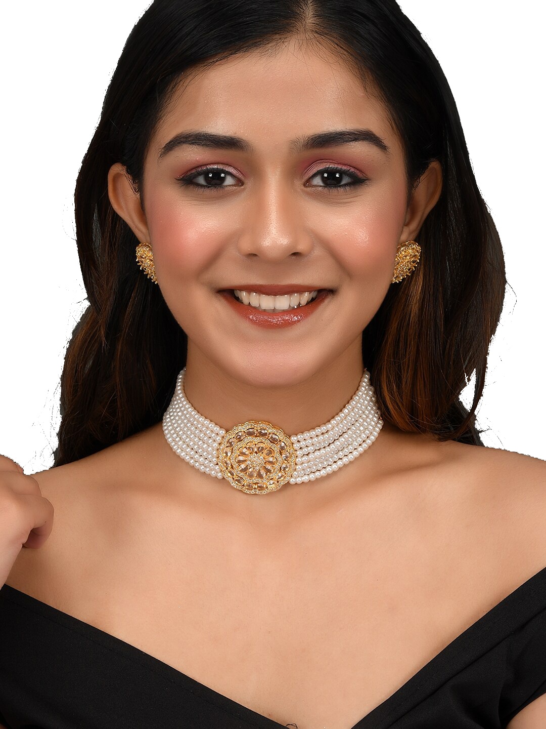 AQUASTREET JEWELS Gold-Plated White AD-Studded & Beaded Jewellery Set