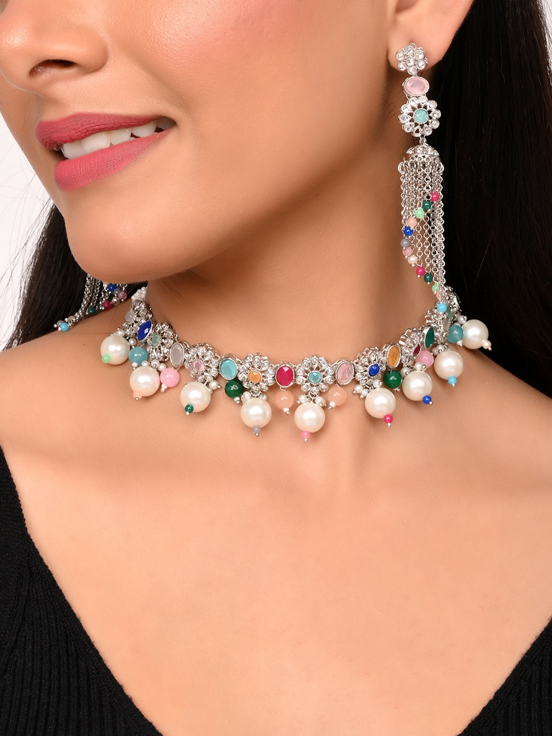 

AQUASTREET JEWELS Silver-Plated & White American Diamond Choker Jewellery Set