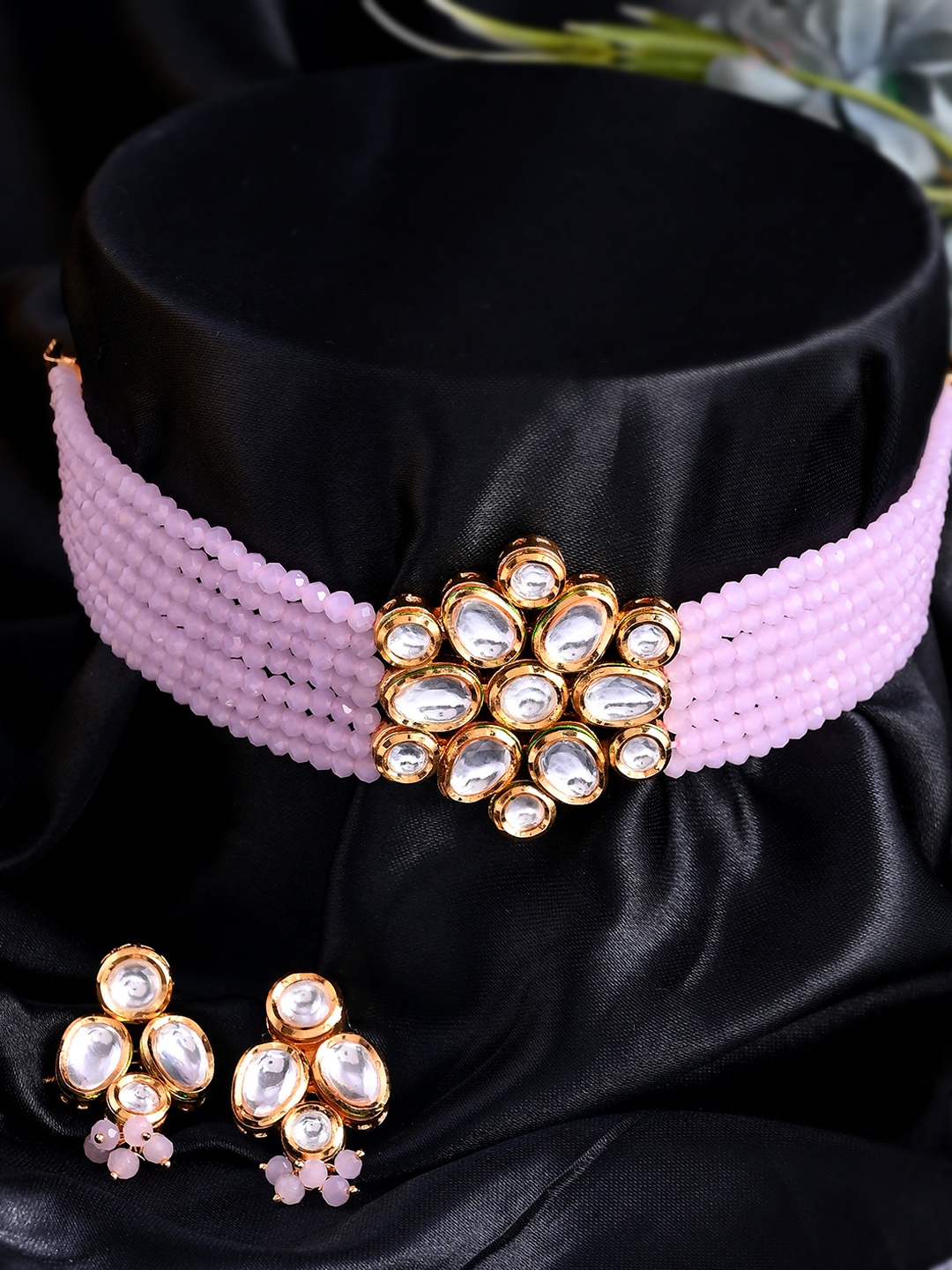

AQUASTREET JEWELS Gold-Plated Pink & White Kundan Studded & Beaded Jewellery Set