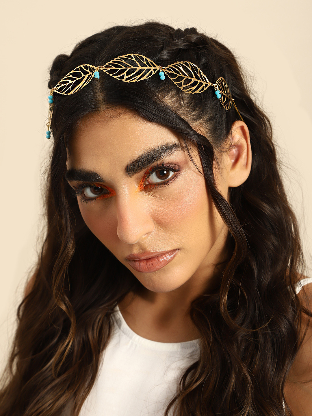 

Sangria Beaded Leaf Design Head Chain, Gold