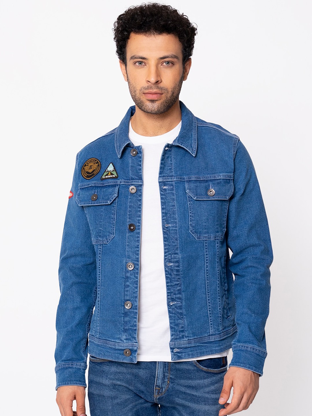 

Royal Enfield Men Blue Solid Cotton Denim Trucker Jacket