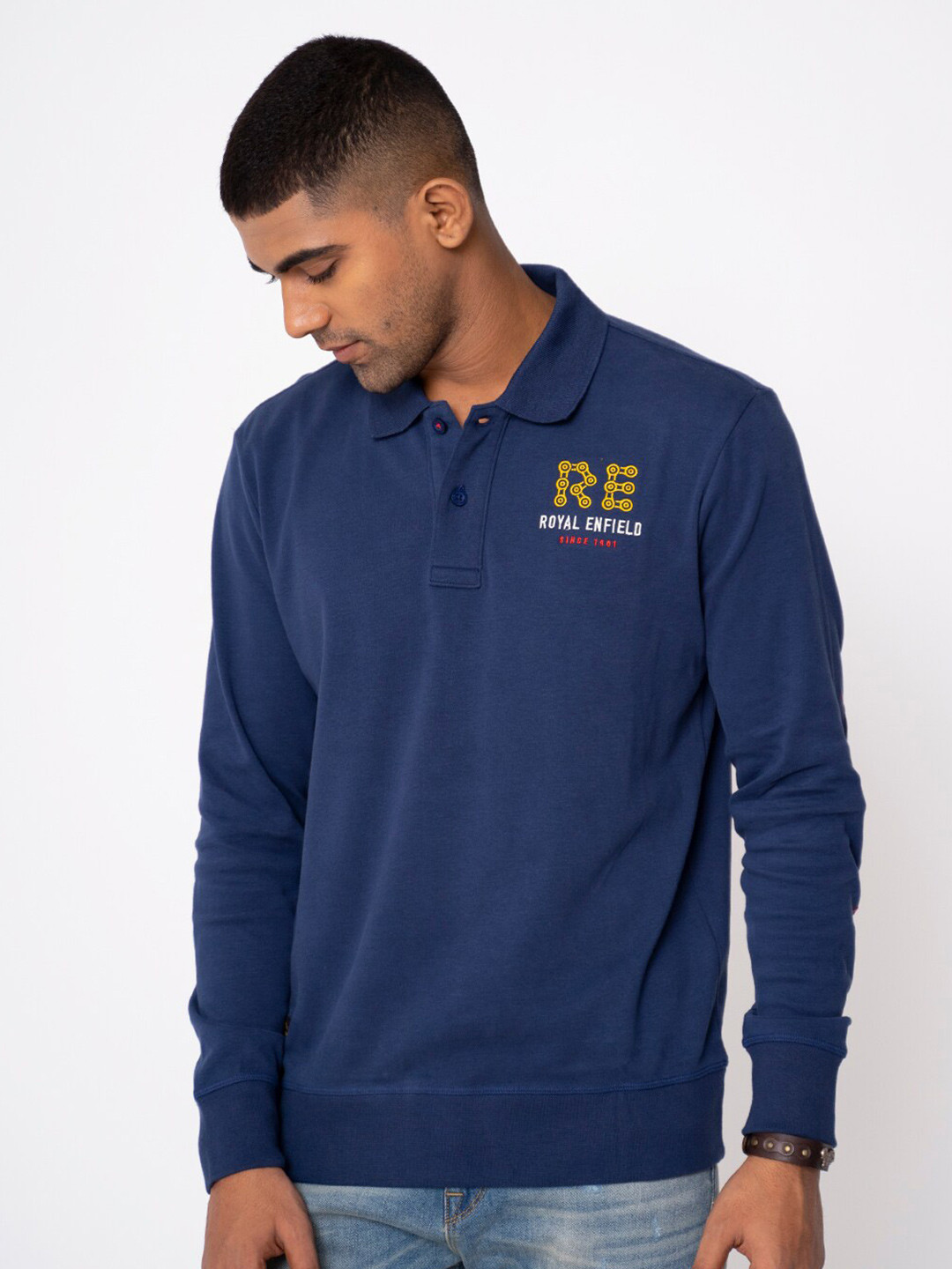 

Royal Enfield Men Blue Brand Logo Printed Cotton Polo Collar T-shirt
