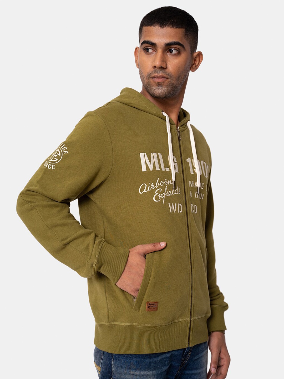 

Royal Enfield Men Olive Green Printed Cotton Hooded Sweatshirt